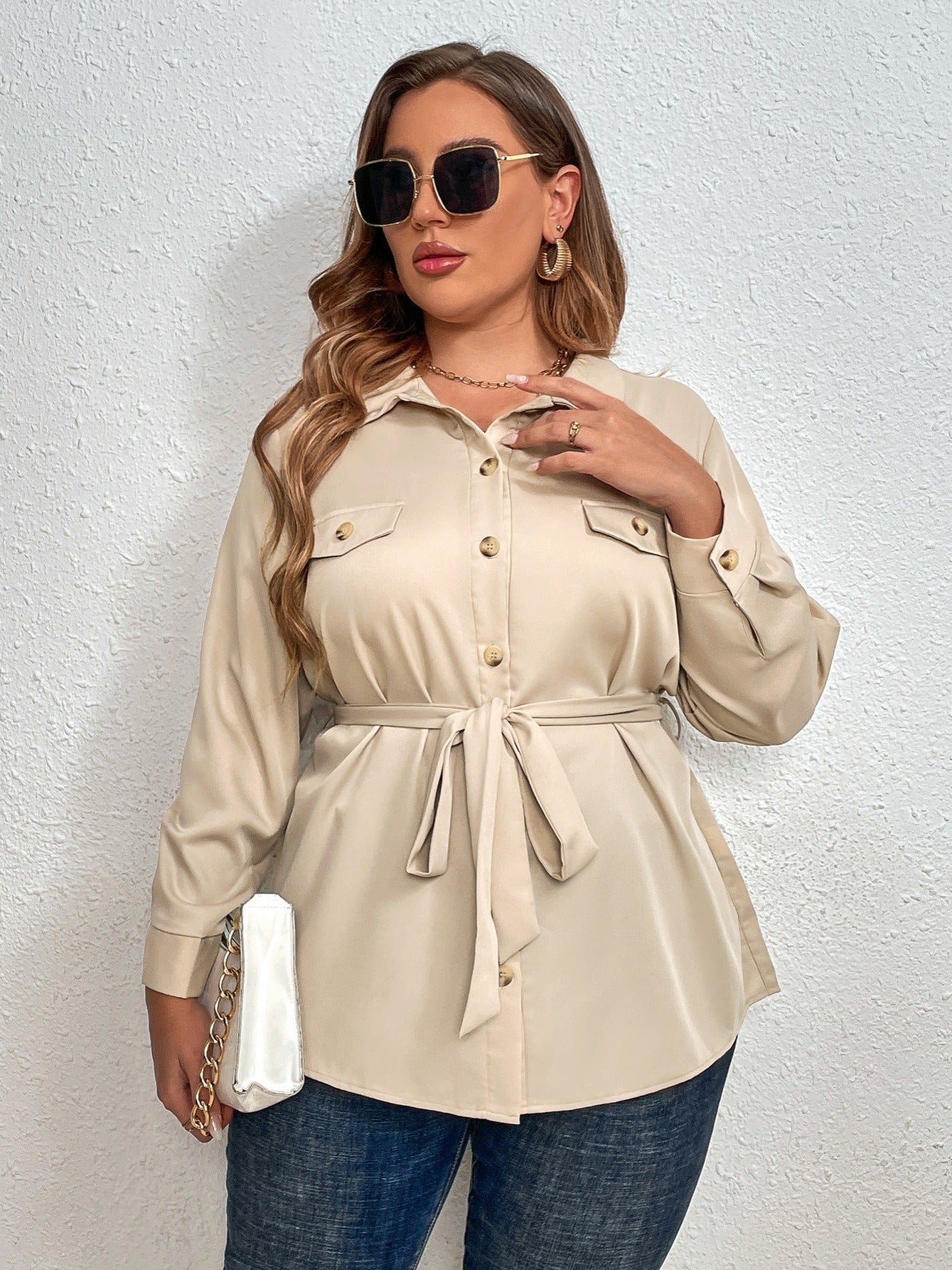 Plus Size Apricot Top Long Sleeve Casual Shirt