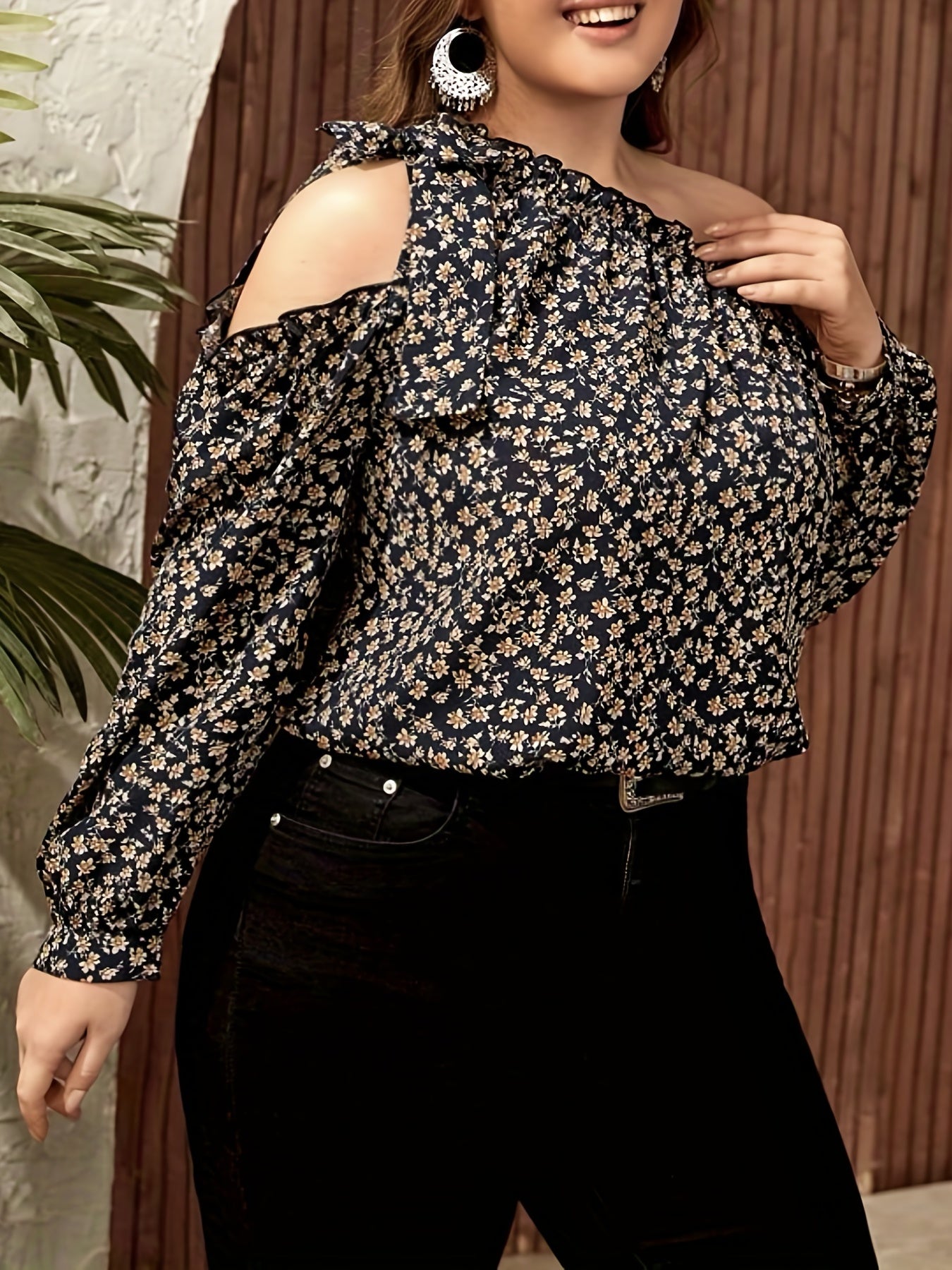 Plus Size Print Bow Knot One Shoulder Blouse