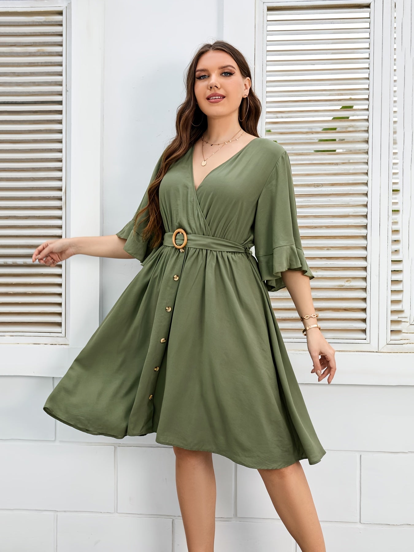 Plus Size Half Sleeve Button Up V Neck Midi Dress