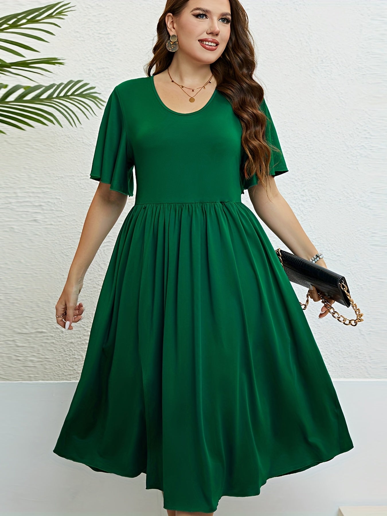 Plus Size Solid Flutter Sleeve Round Neck Maxi Dress