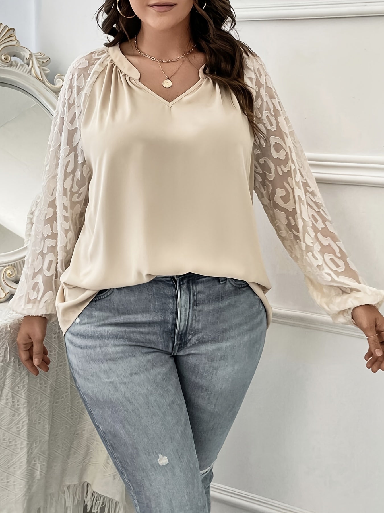 Plus Size Solid Mesh Raglan Sleeve V Neck Blouse