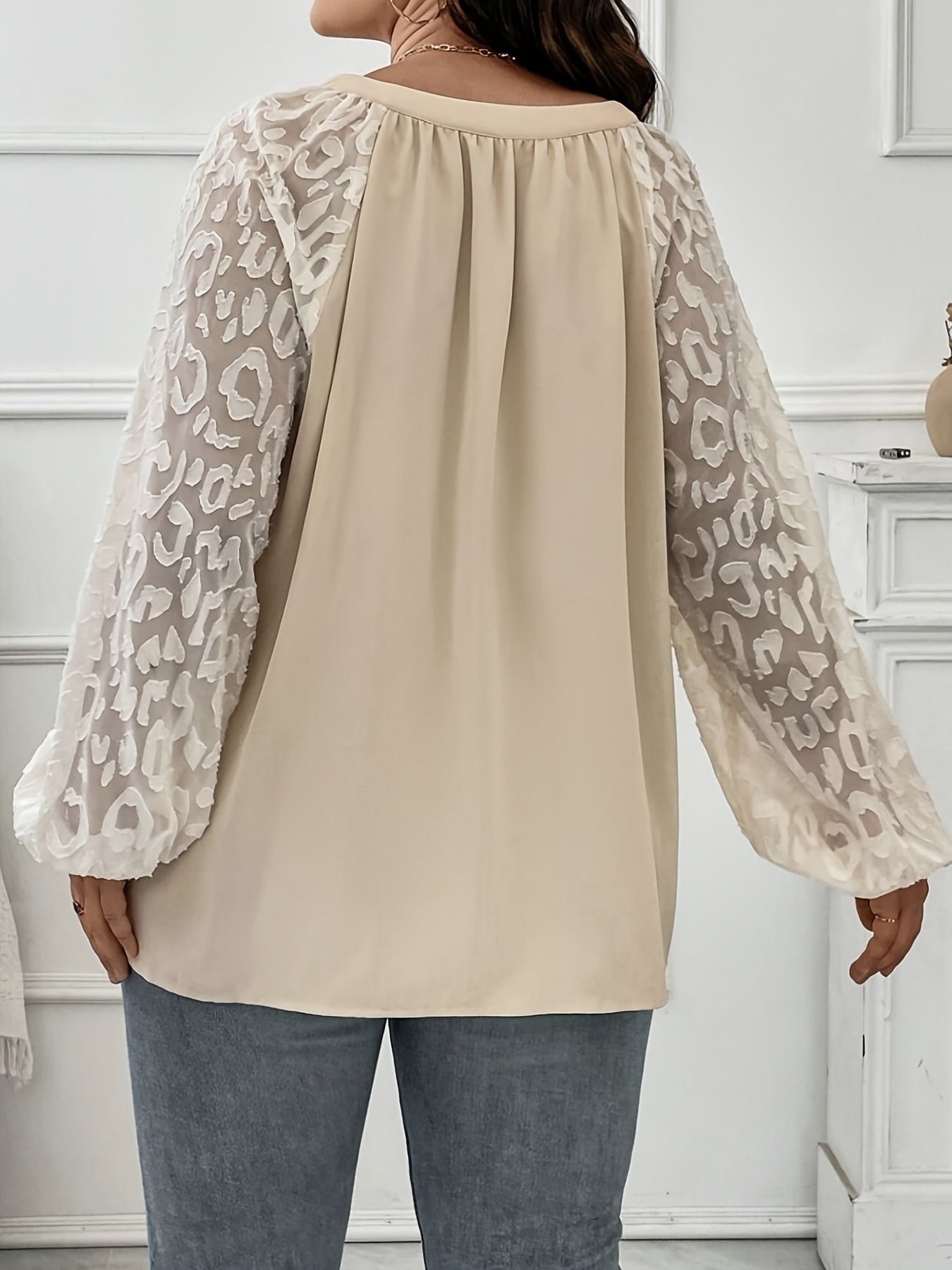 Plus Size Solid Mesh Raglan Sleeve V Neck Blouse