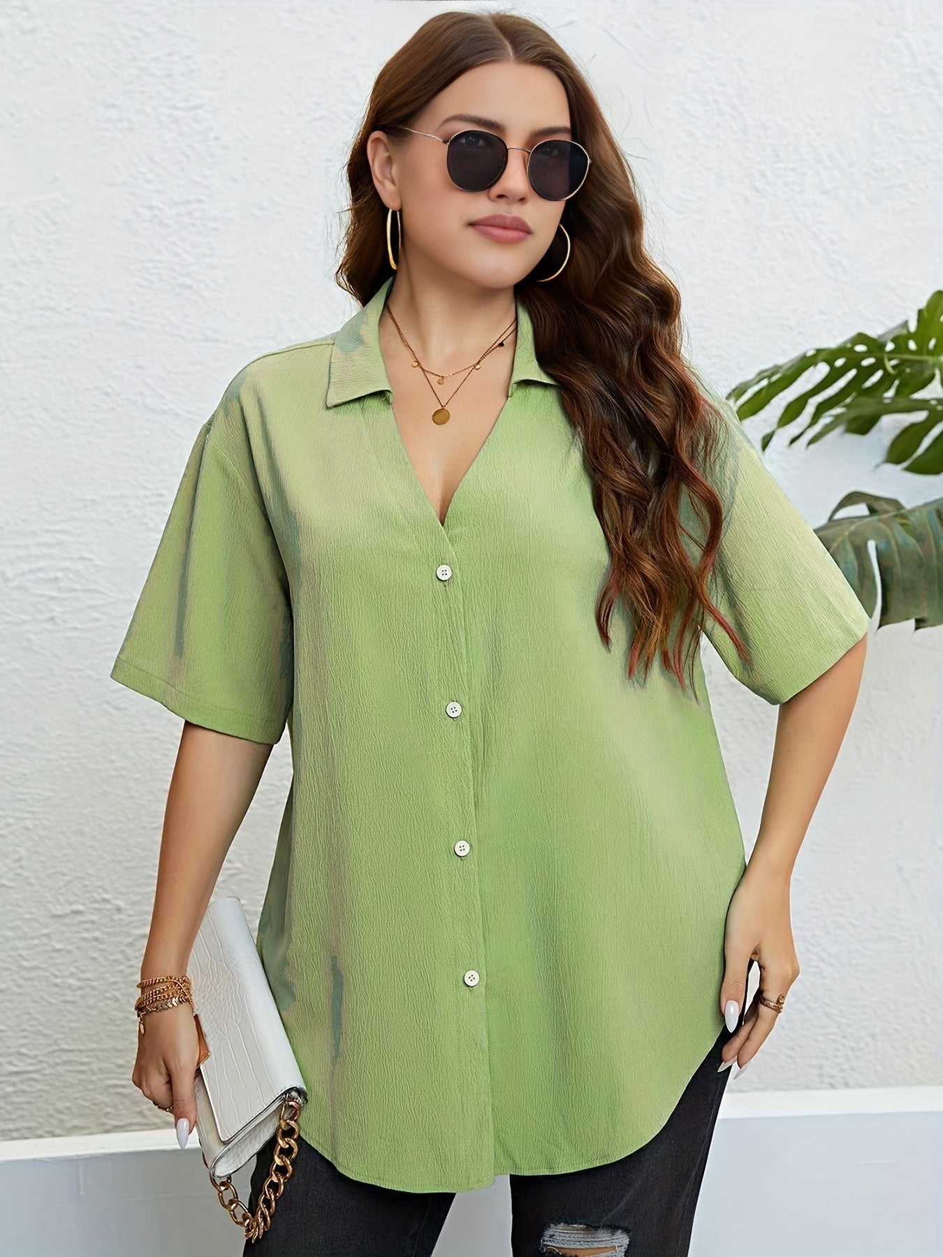 Plus Size Solid Button Up Short Sleeve V Neck Blouse
