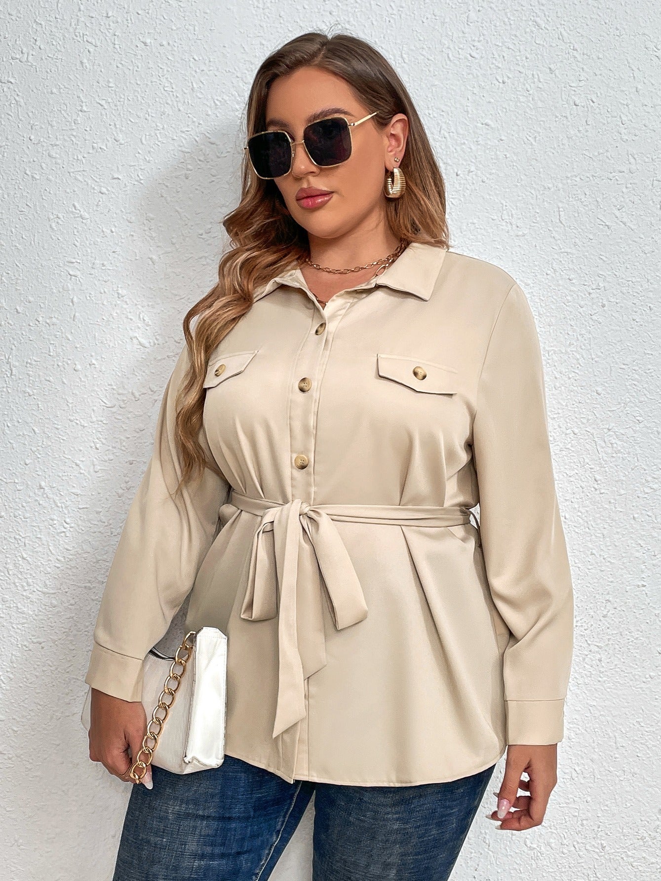 Plus Size Apricot Top Long Sleeve Casual Shirt
