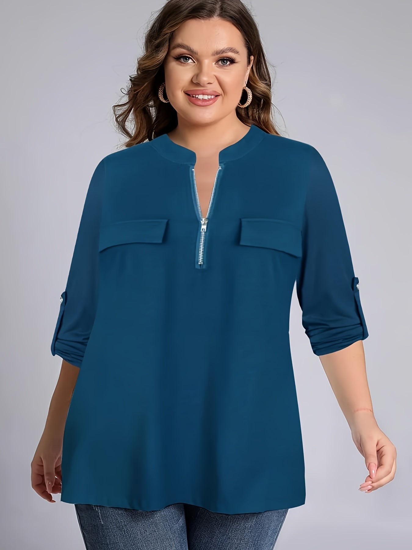Plus Size Half Zipper Fake Pockets Solid Blouse