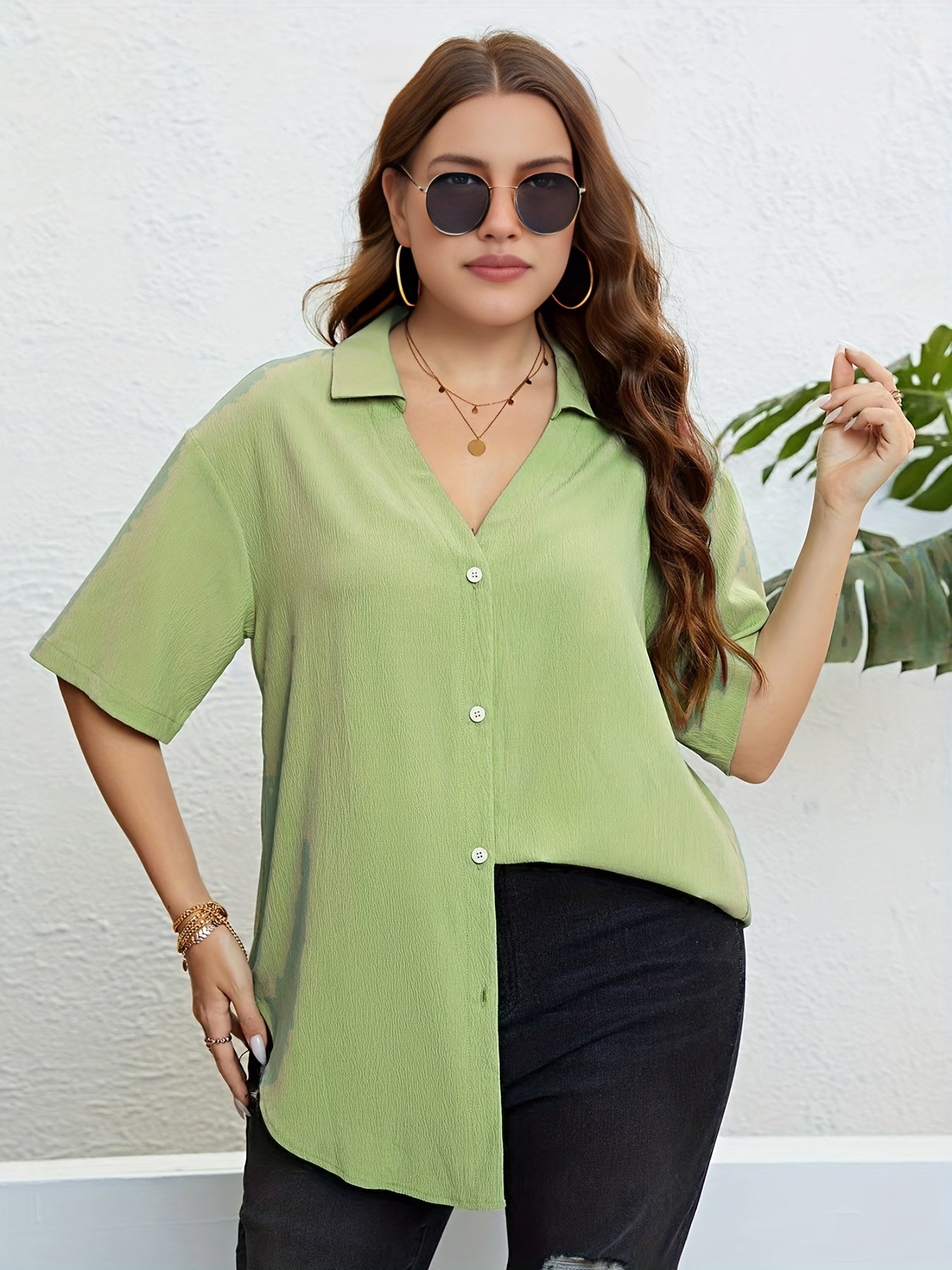 Plus Size Solid Button Up Short Sleeve V Neck Blouse