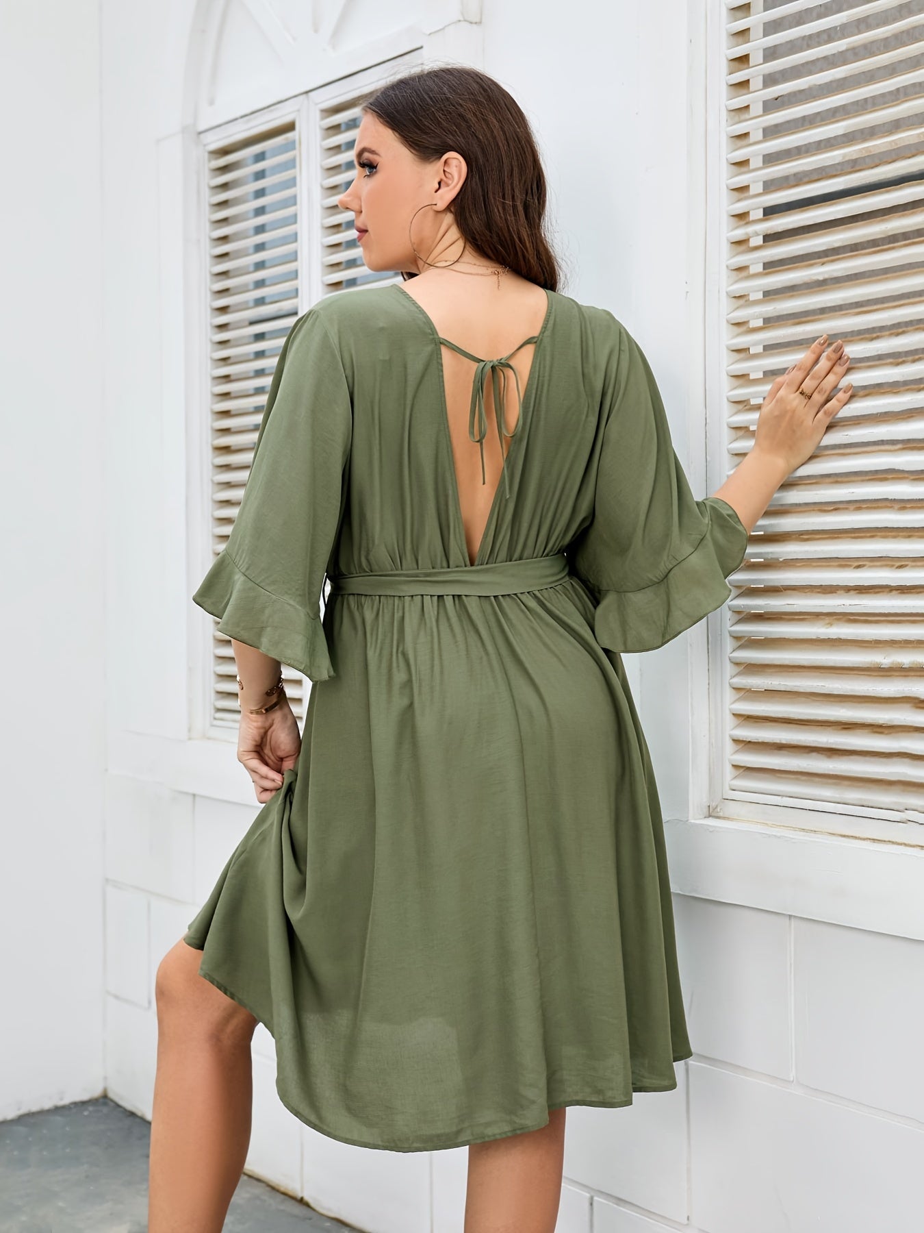 Plus Size Half Sleeve Button Up V Neck Midi Dress