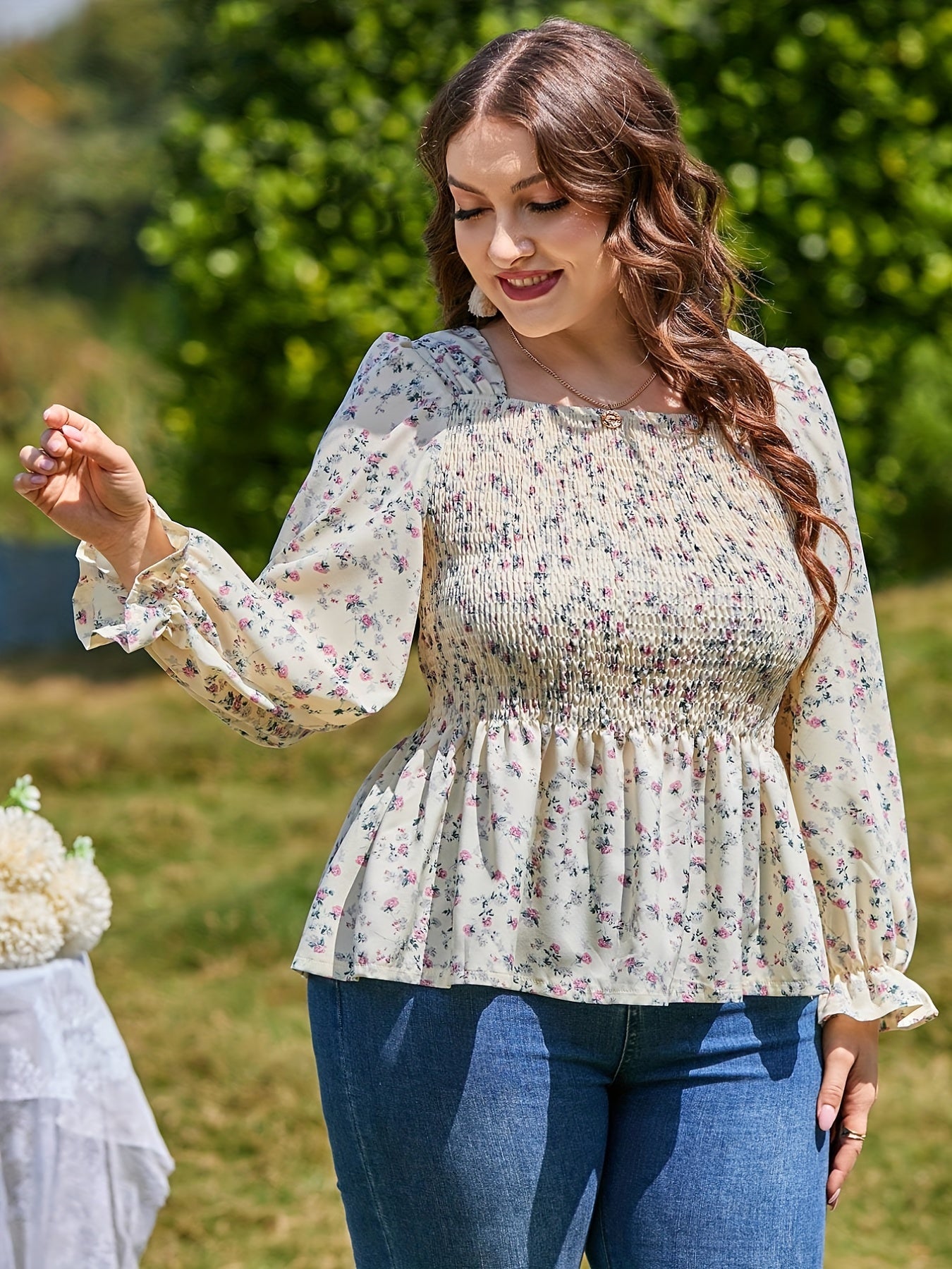 Plus Size Print Lantern Sleeve Square Neck Shirred Top
