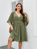 Plus Size Half Sleeve Button Up V Neck Midi Dress