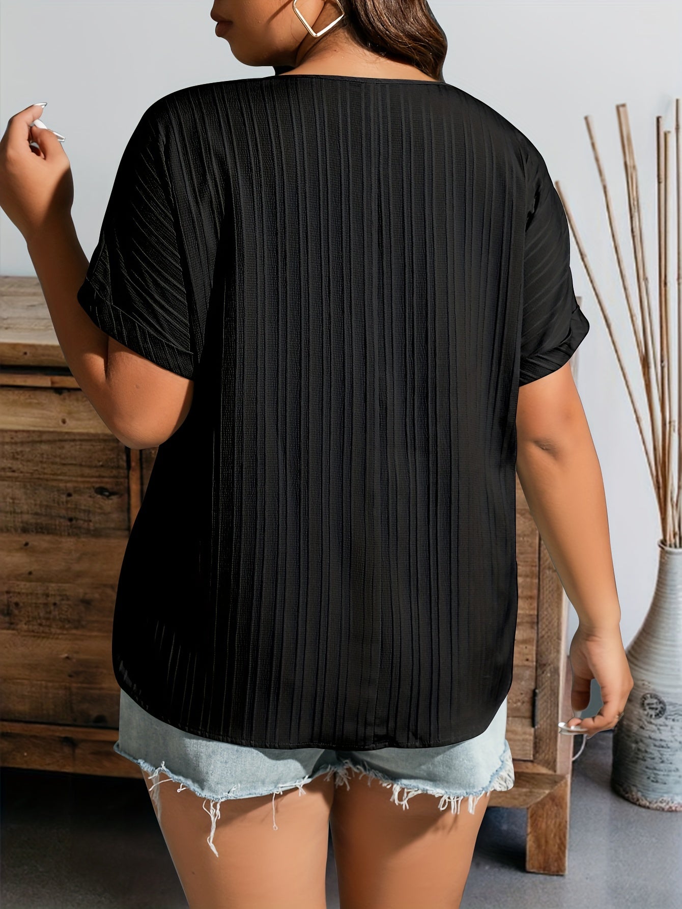 Plus Size Button Ribbed Short Sleeve Blouse