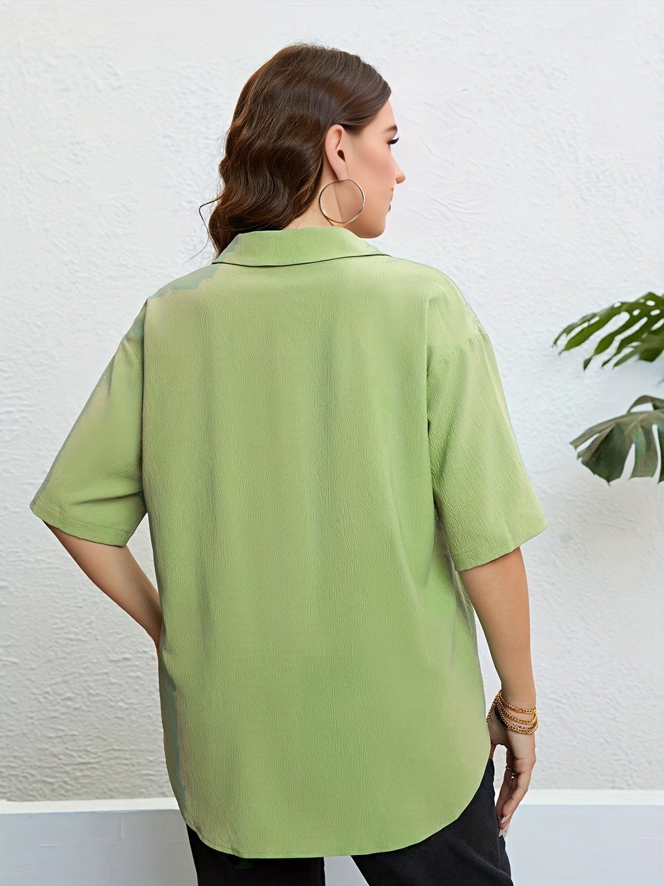 Plus Size Solid Button Up Short Sleeve V Neck Blouse