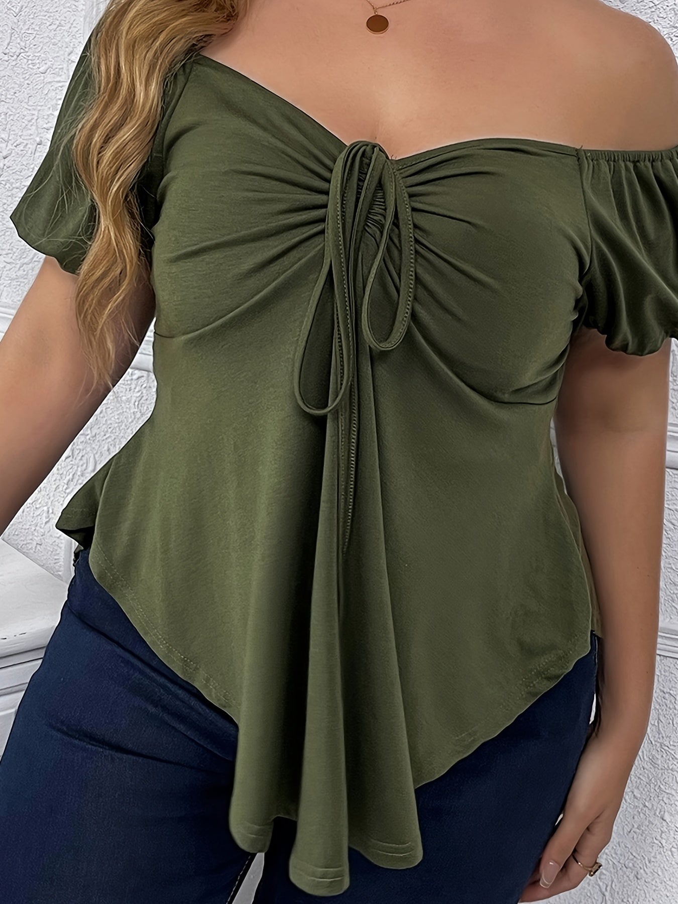 Plus Size Off Shoulder Drawstring Shirred T-shirt