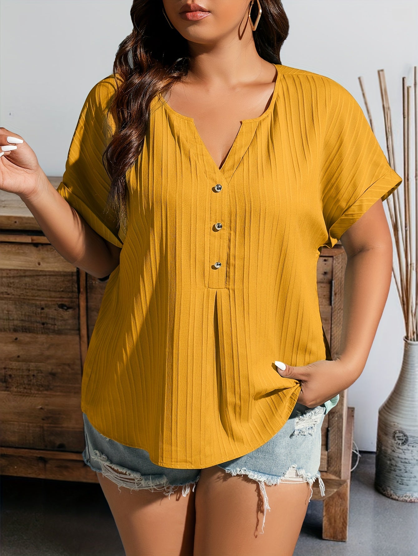 Plus Size Button Ribbed Short Sleeve Blouse