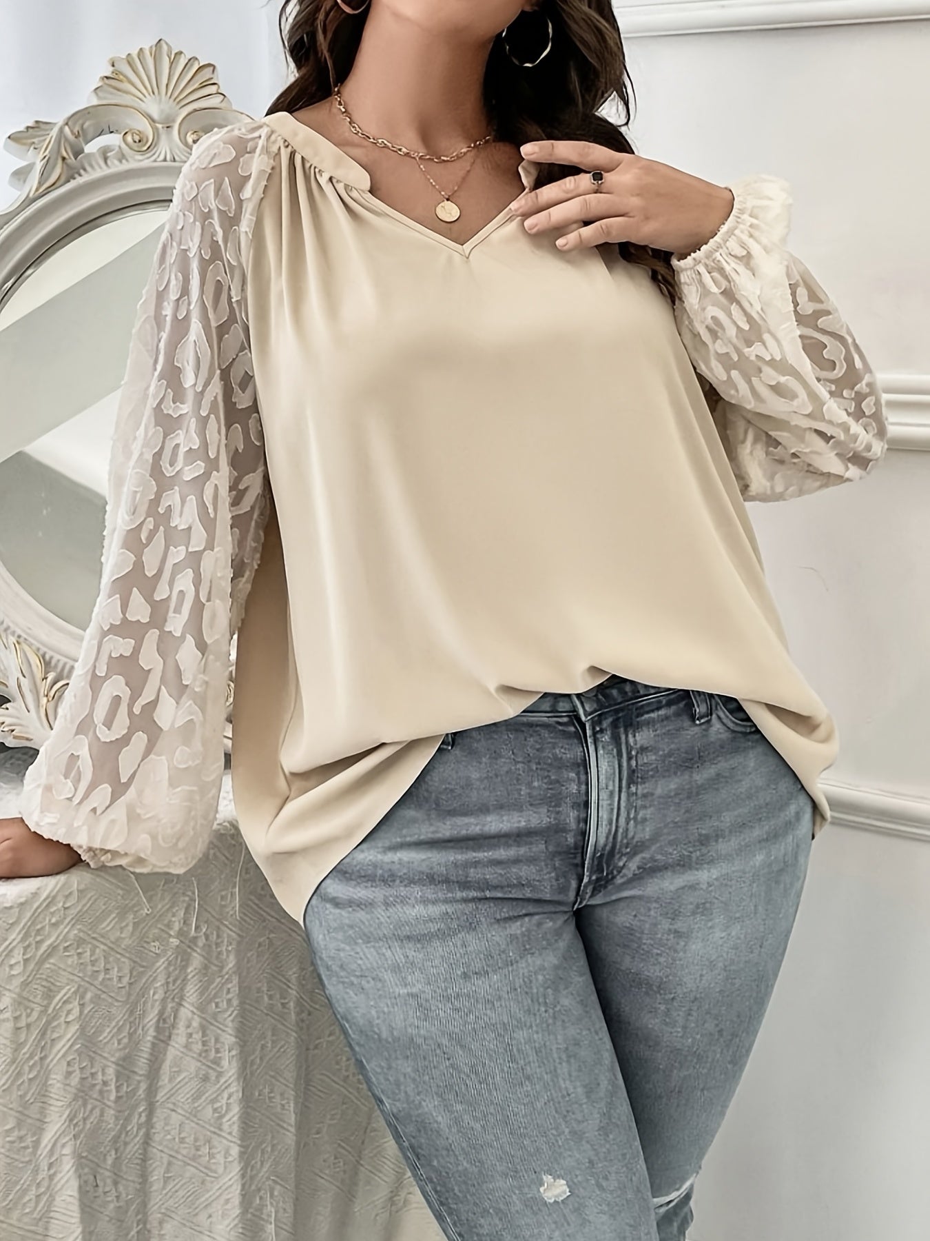 Plus Size Solid Mesh Raglan Sleeve V Neck Blouse