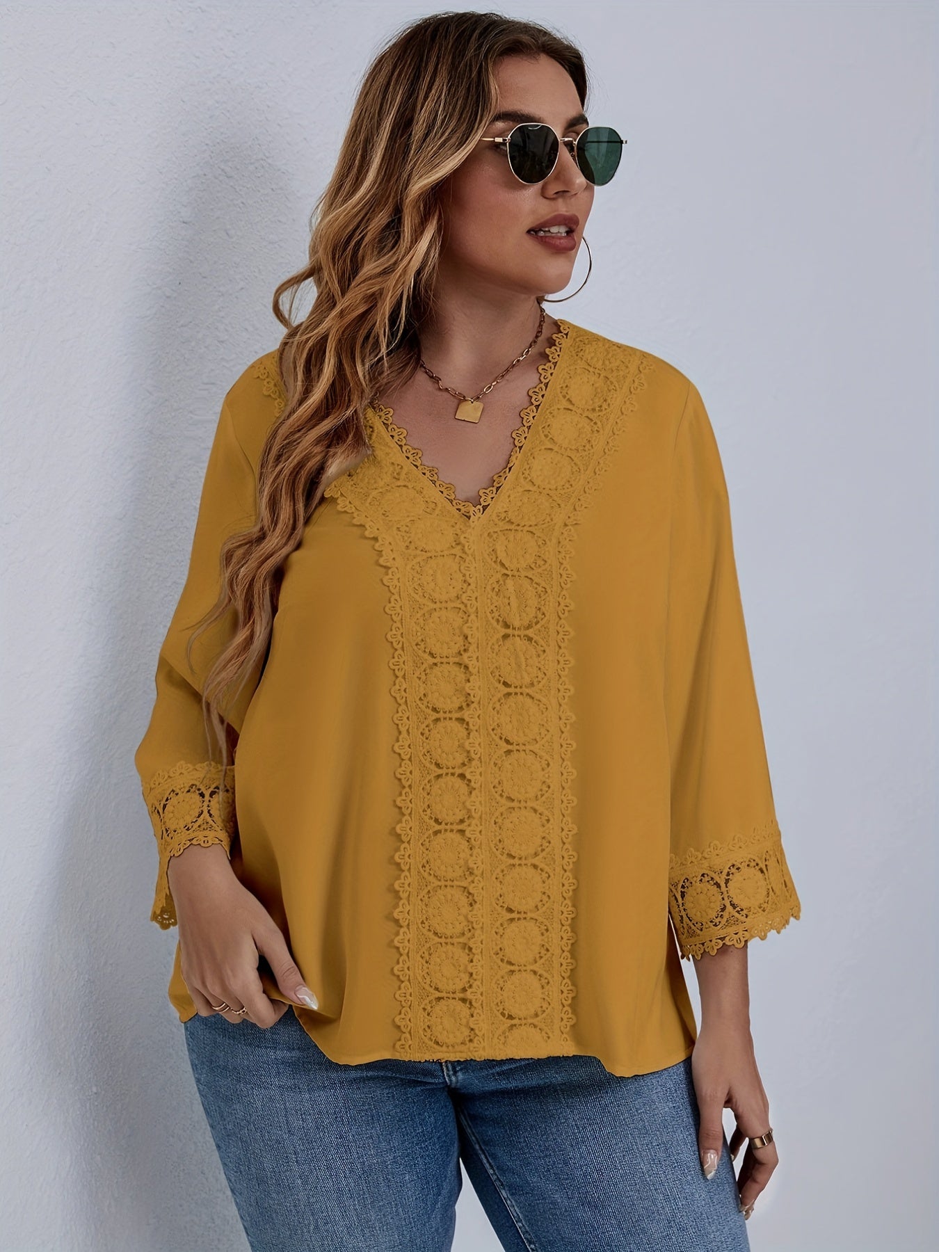 Plus Size Solid Lace Panel V Neck Blouse