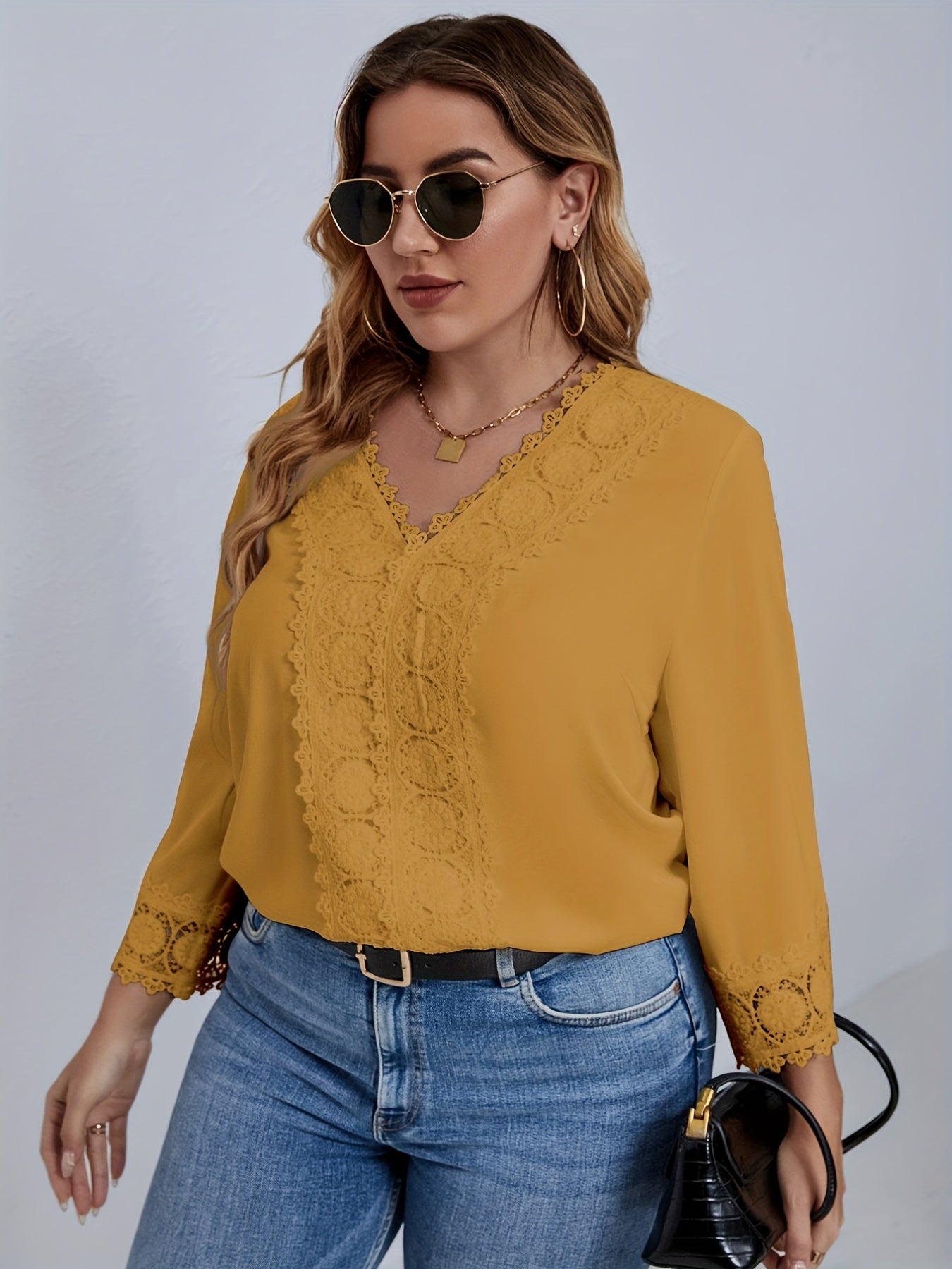 Plus Size Solid Lace Panel V Neck Blouse