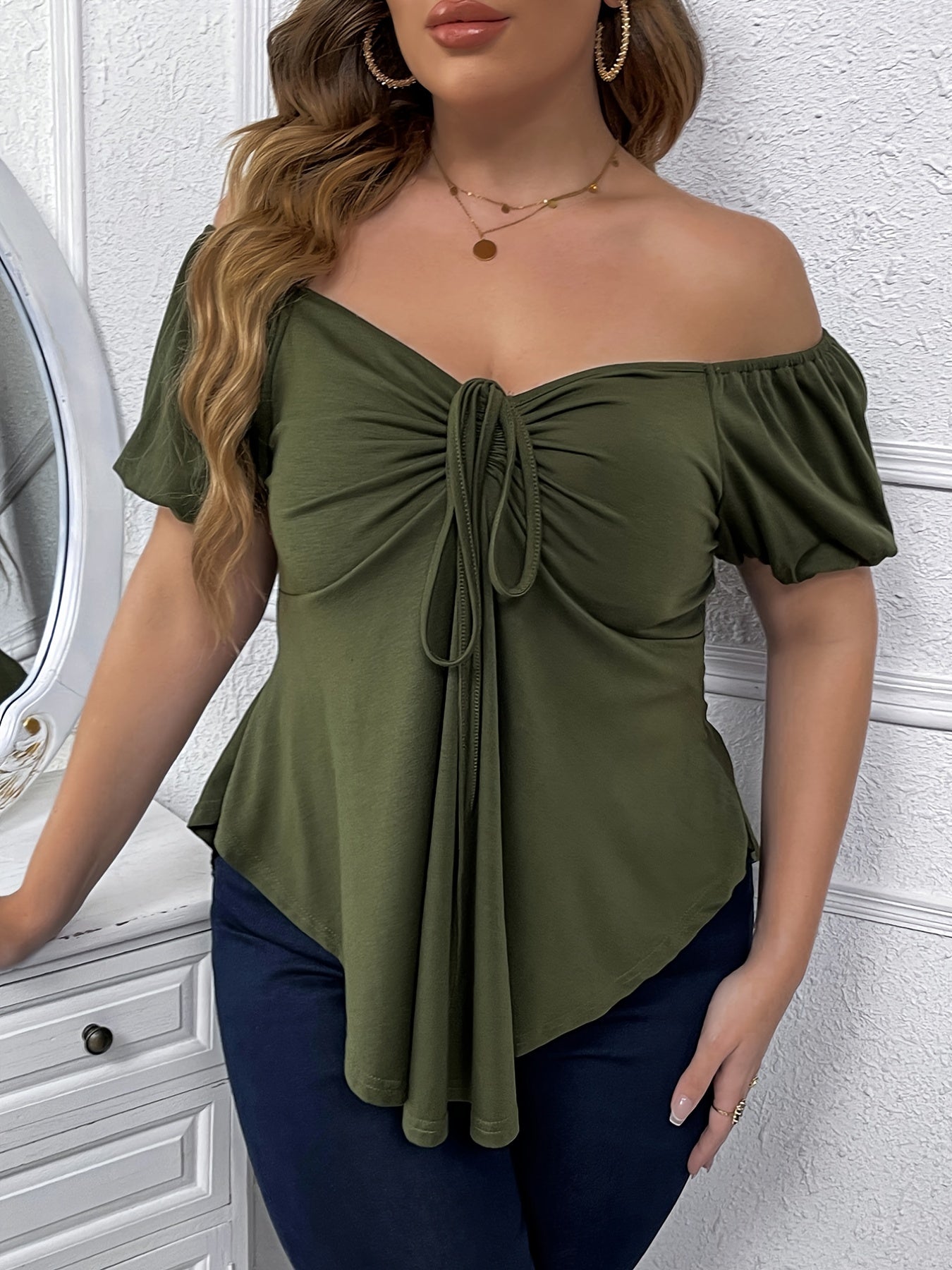 Plus Size Off Shoulder Drawstring Shirred T-shirt