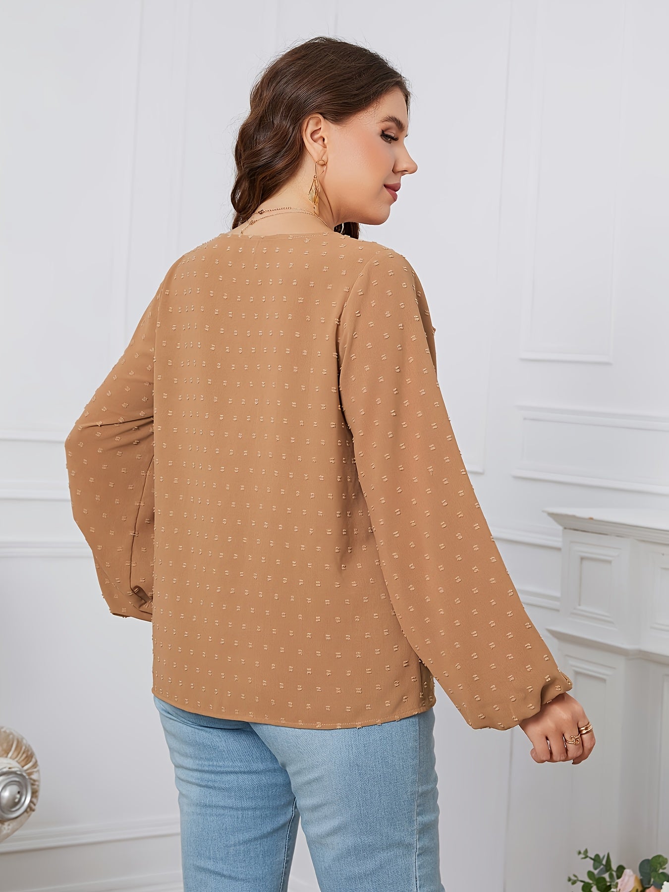 Plus Size Lantern Sleeve Round Neck Blouse