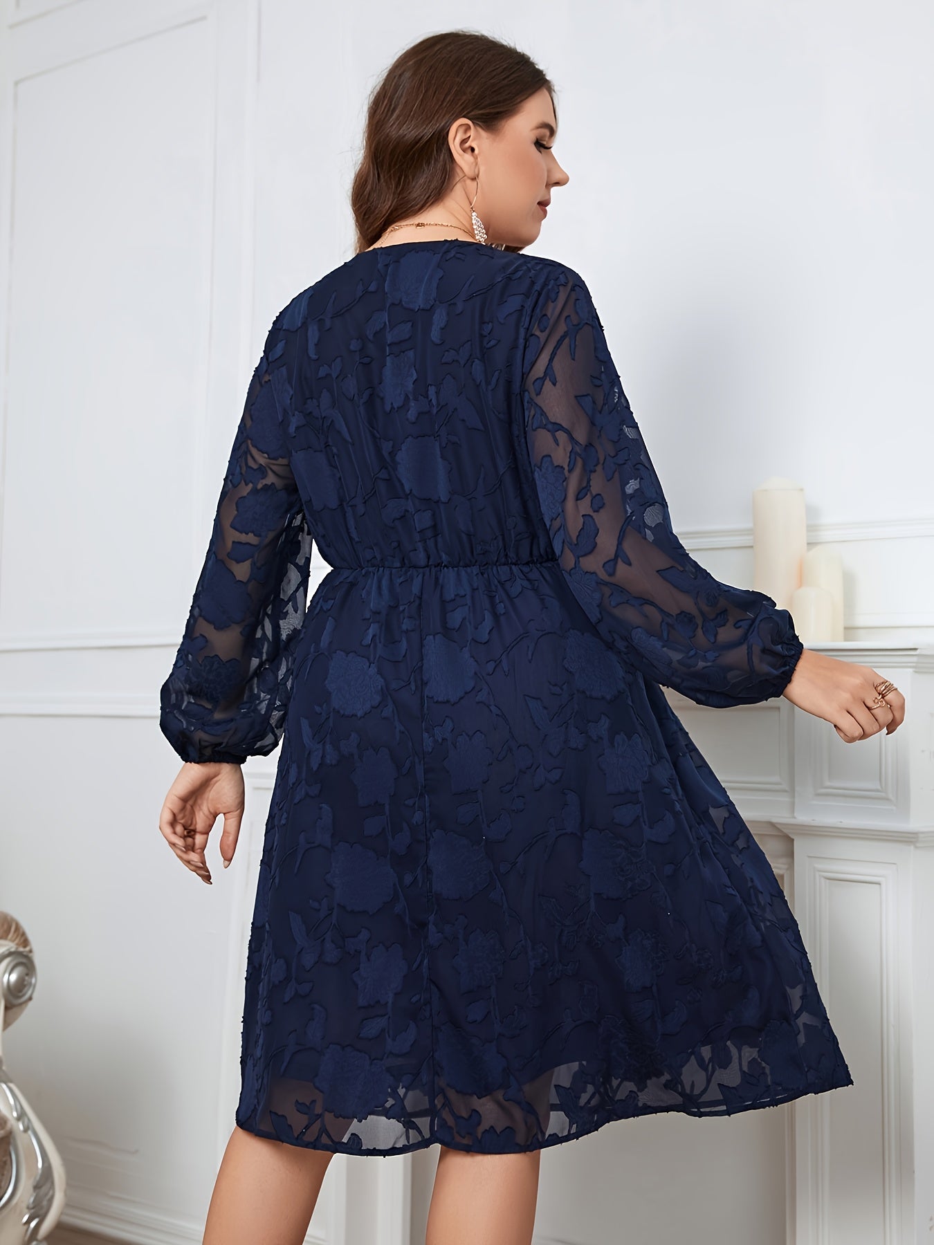 Plus Size Contrast Lace Elastic High Waist Midi Dress
