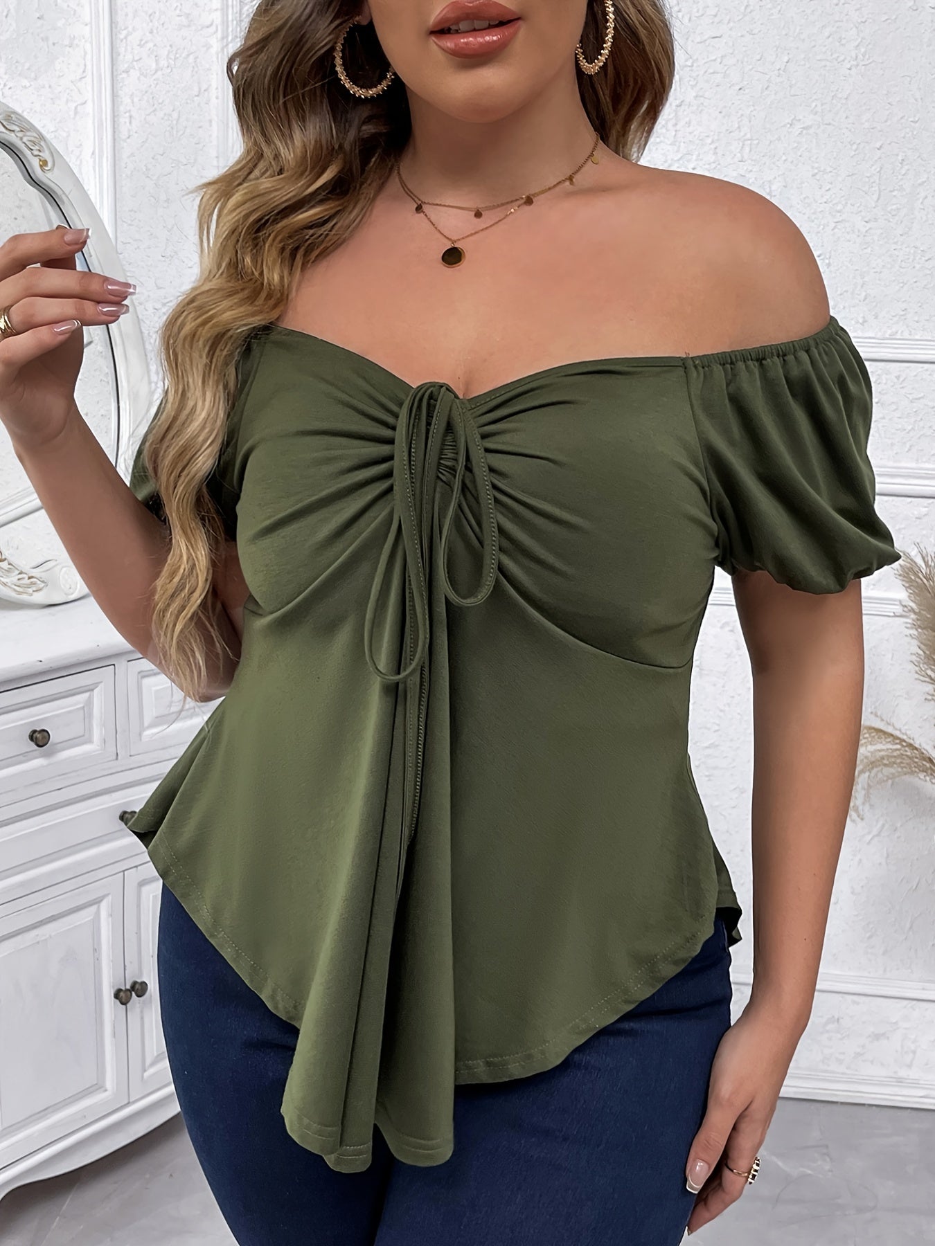 Plus Size Off Shoulder Drawstring Shirred T-shirt