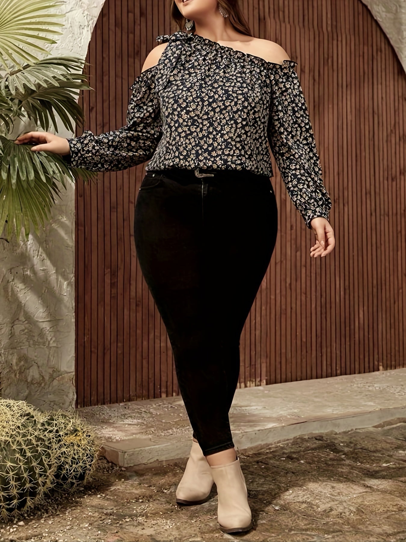 Plus Size Print Bow Knot One Shoulder Blouse