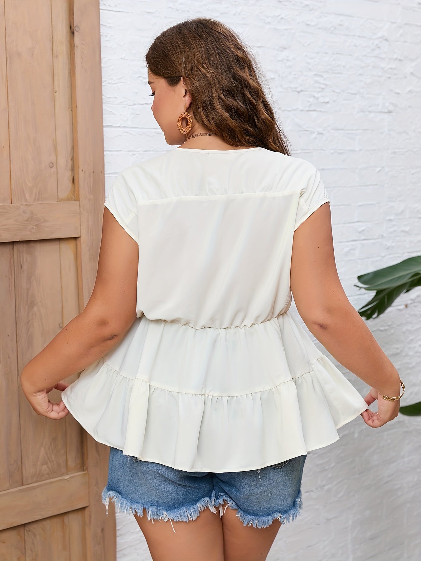 Plus Size Solid V Neck Tie Smock Peplum Shirt