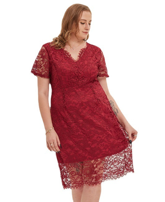 Plus Size Lace V Neck Short Sleeve A Line Midi Dress