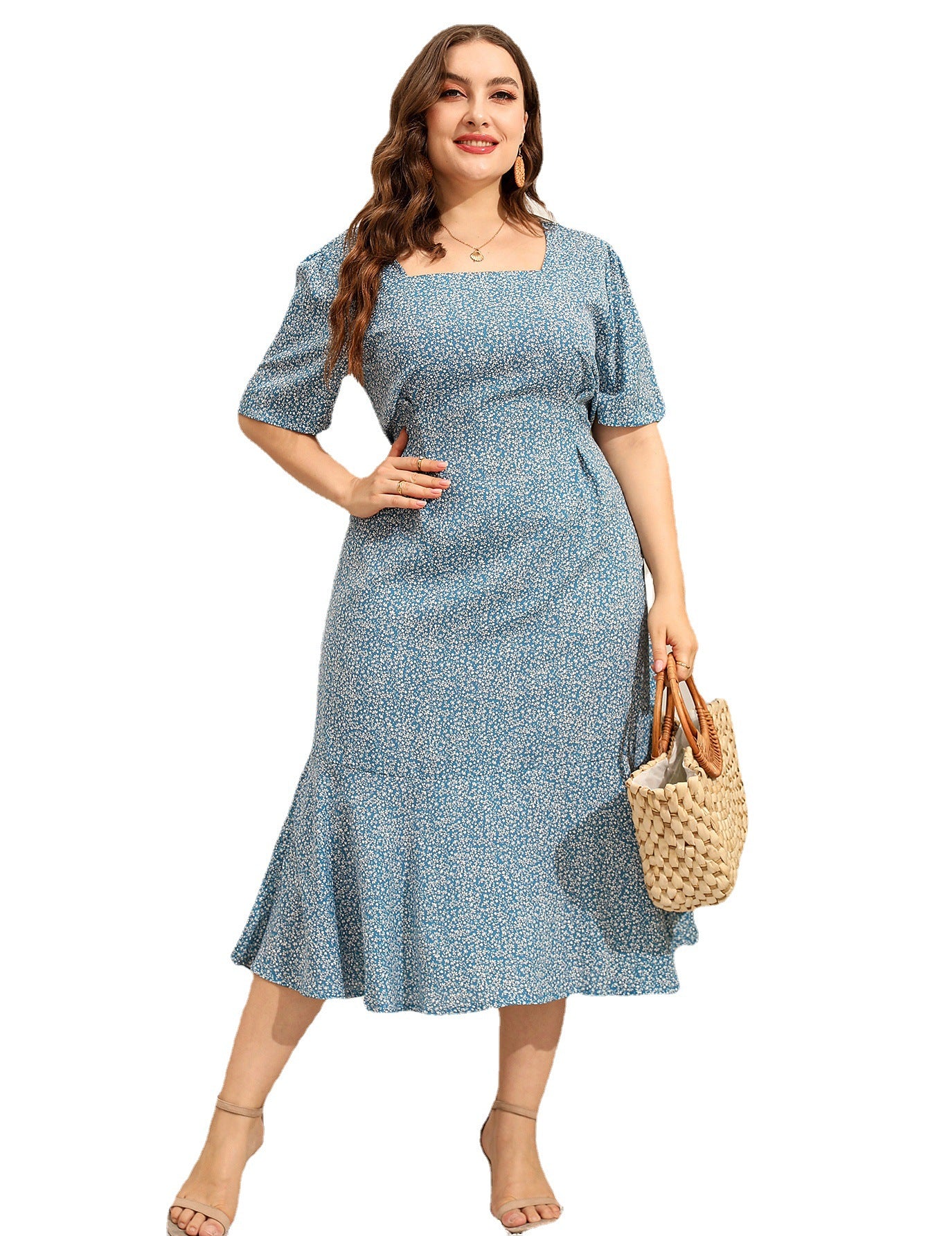 Plus Size Square Neck Floral Fishtail Midi Dress