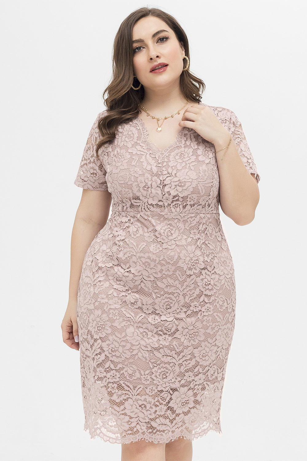 Plus Size Lace V Neck Short Sleeve A Line Midi Dress