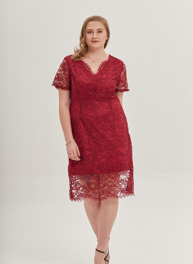 Plus Size Lace V Neck Short Sleeve A Line Midi Dress