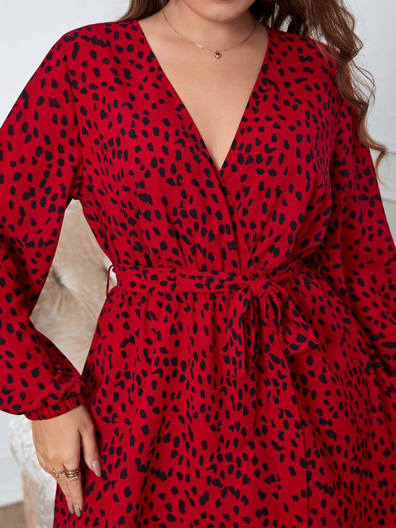 Leopard Print Long Sleeve V Neck Midi Dress