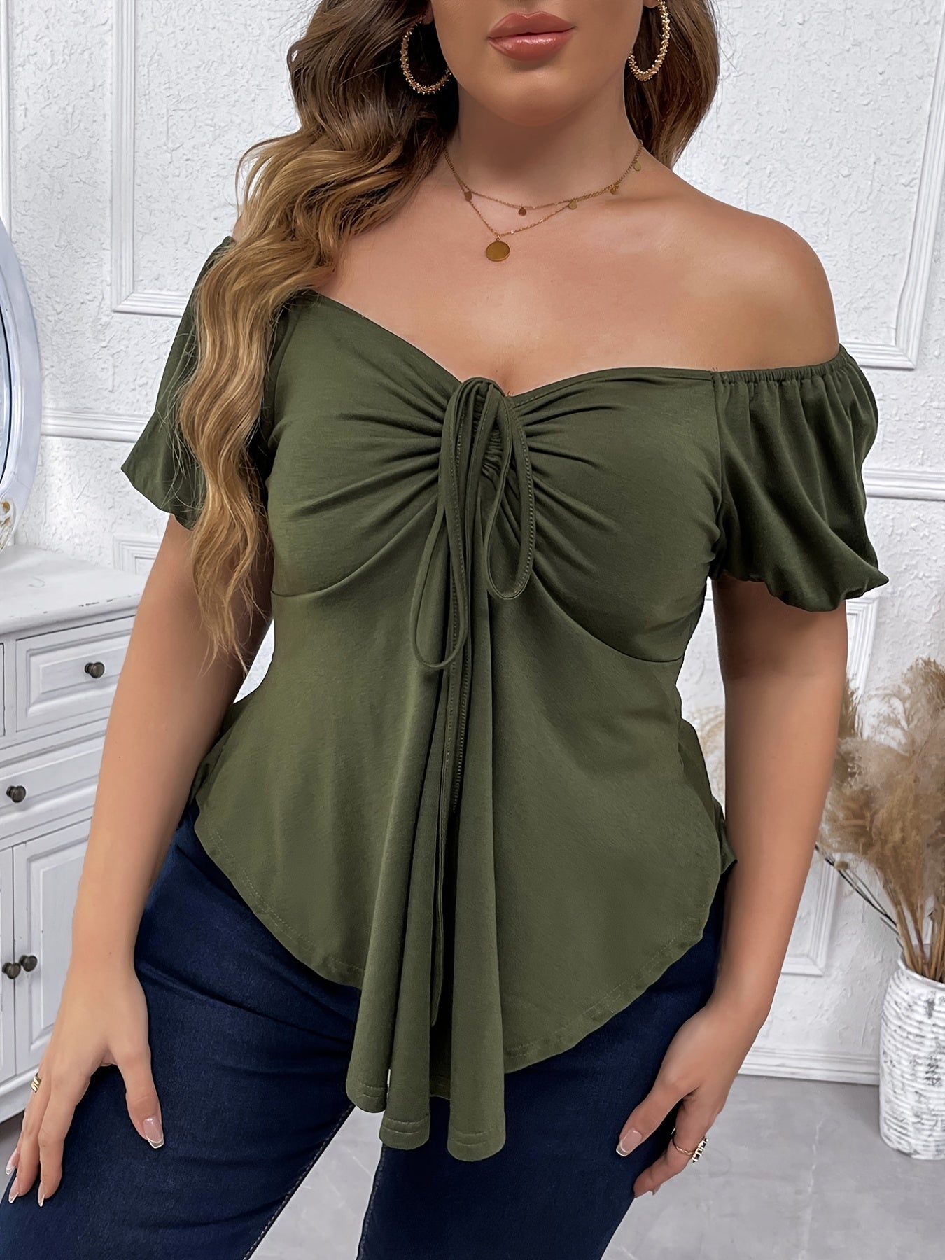 Plus Size Off Shoulder Drawstring Shirred T-shirt