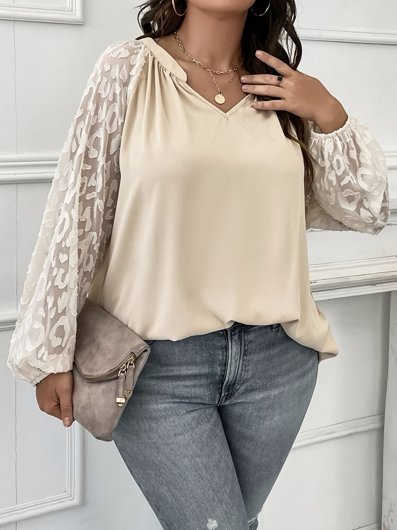 Plus Size Solid Mesh Raglan Sleeve V Neck Blouse