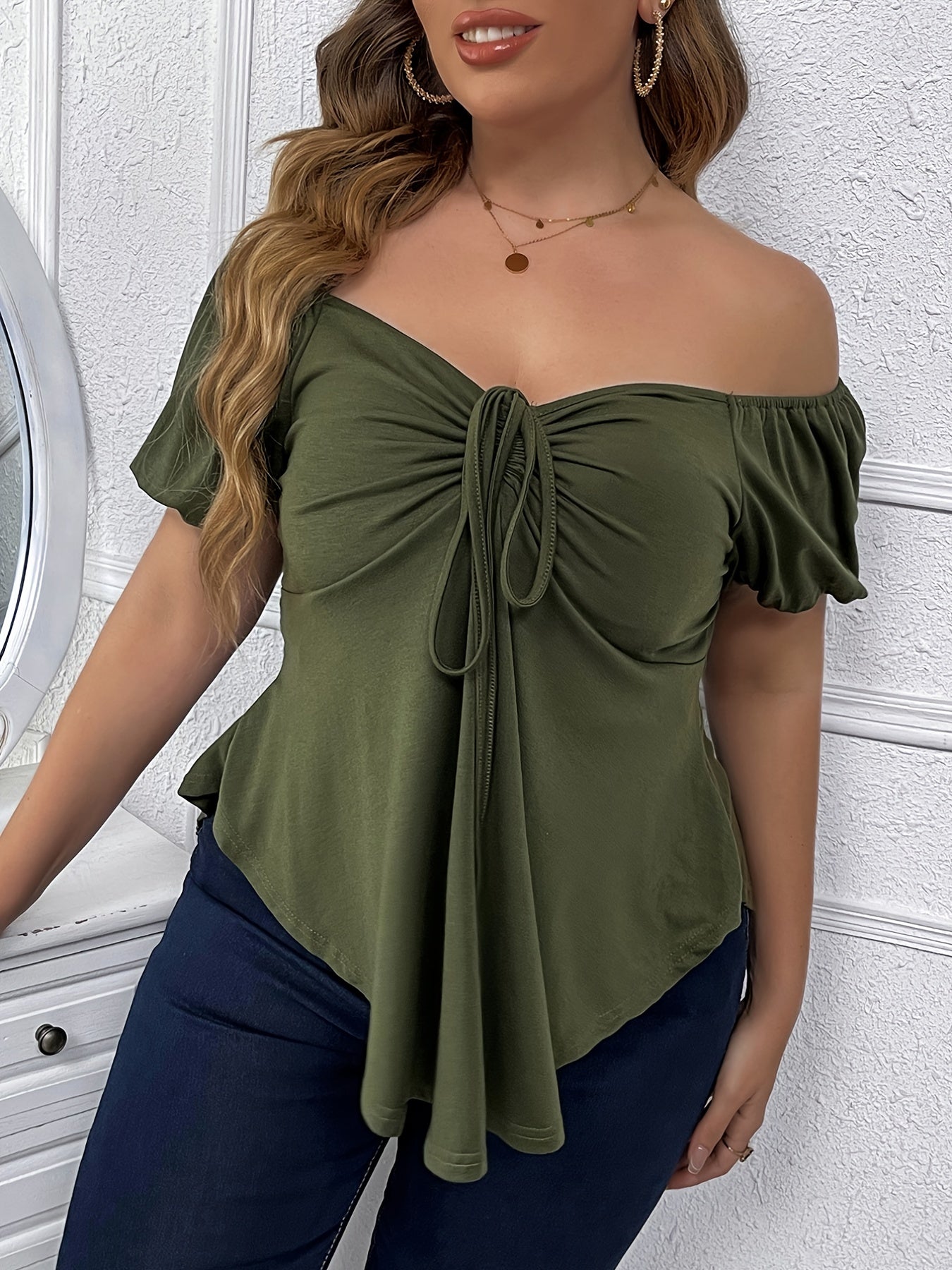 Plus Size Off Shoulder Drawstring Shirred T-shirt