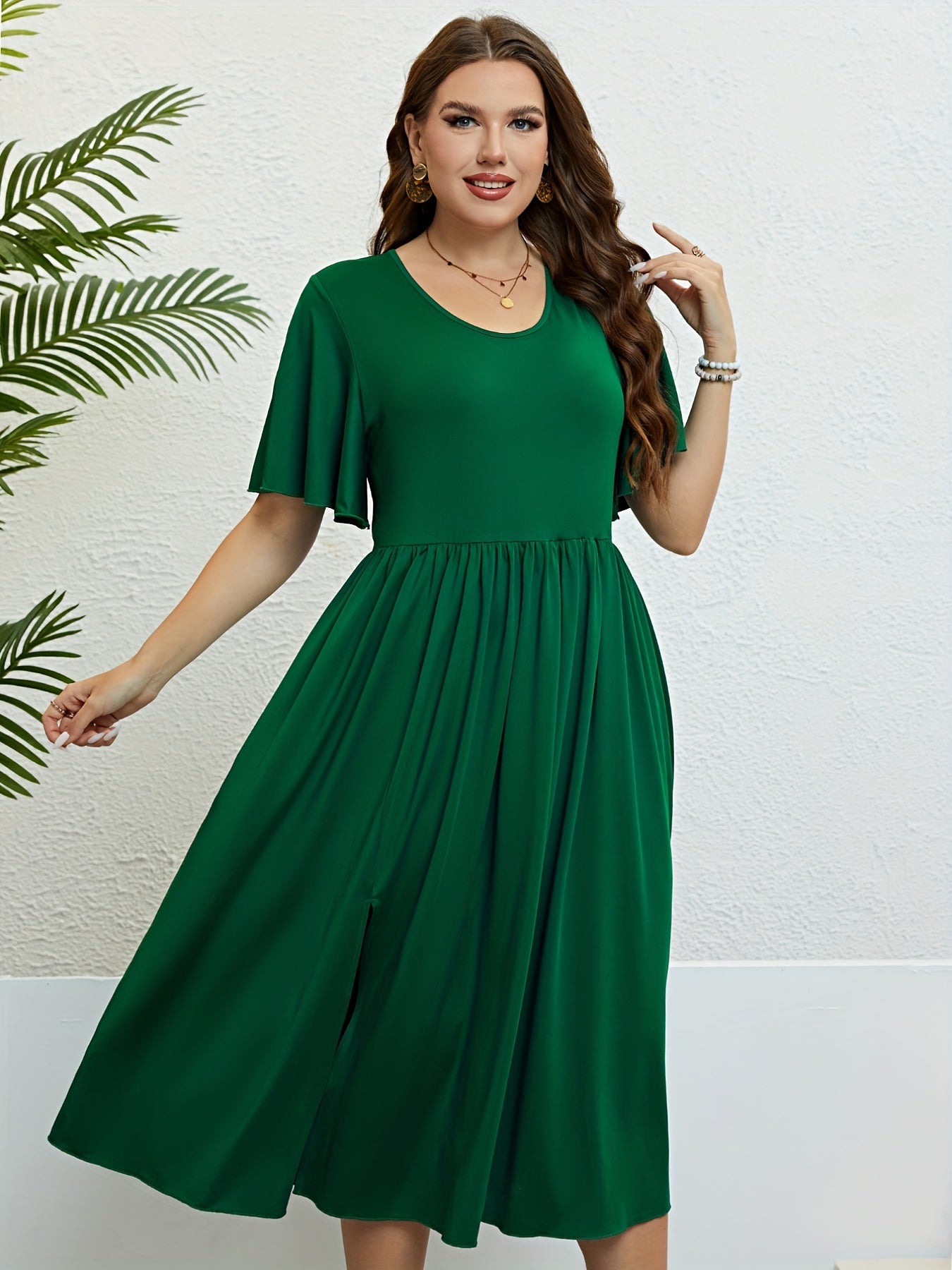 Plus Size Solid Flutter Sleeve Round Neck Maxi Dress