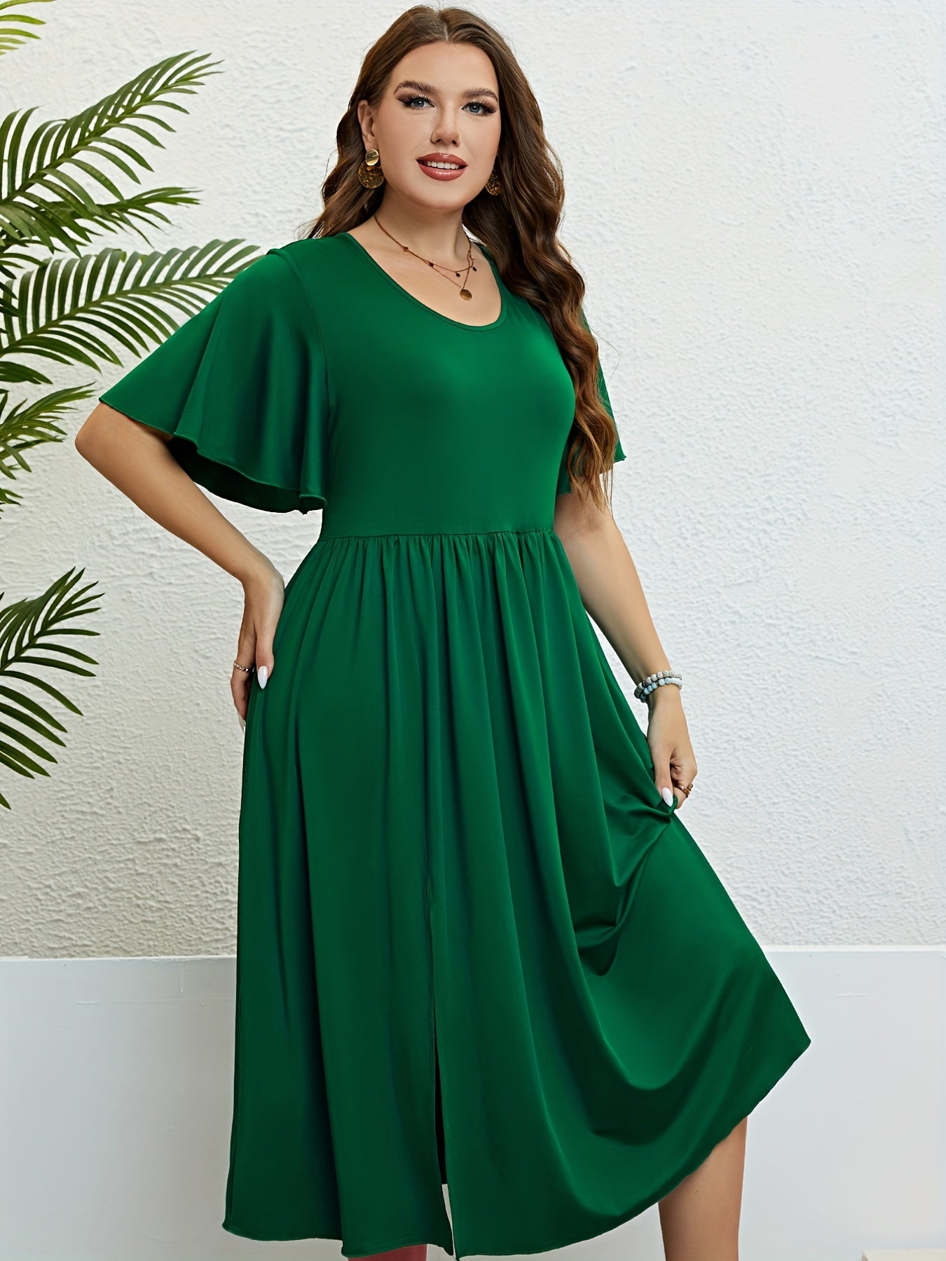 Plus Size Solid Flutter Sleeve Round Neck Maxi Dress