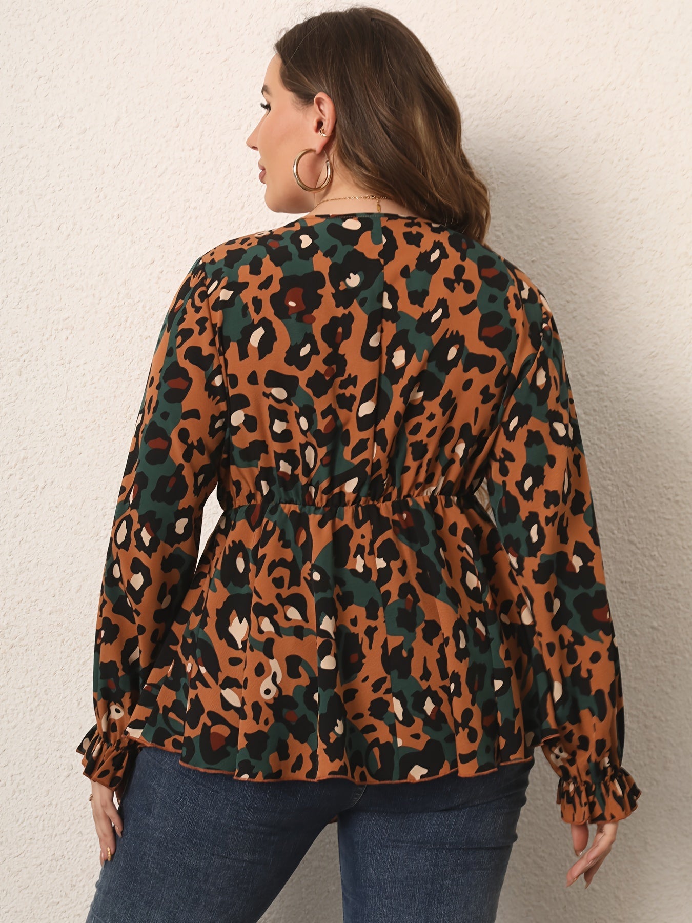 Plus Size Leopard Print V Neck Wrap Blouse