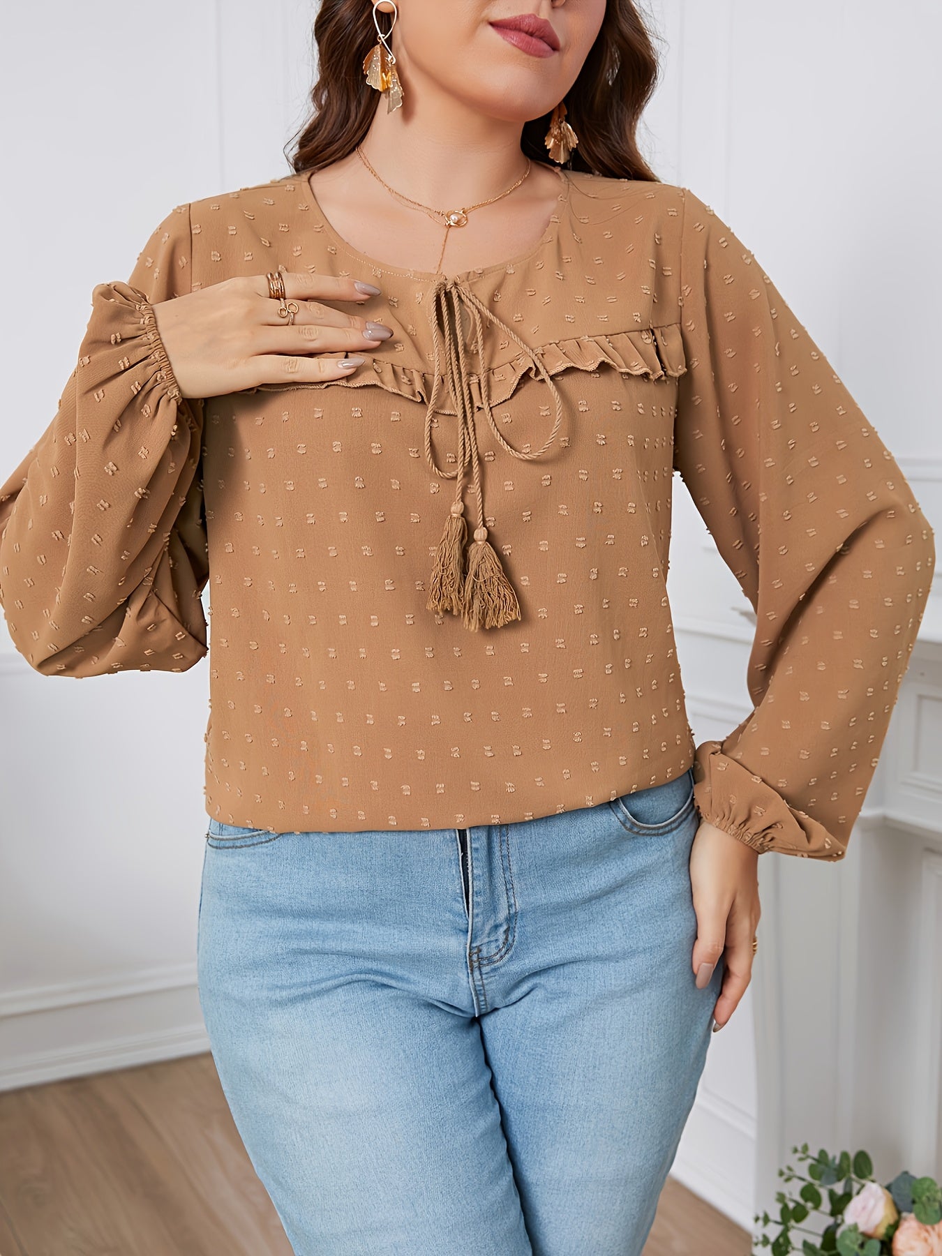 Plus Size Lantern Sleeve Round Neck Blouse