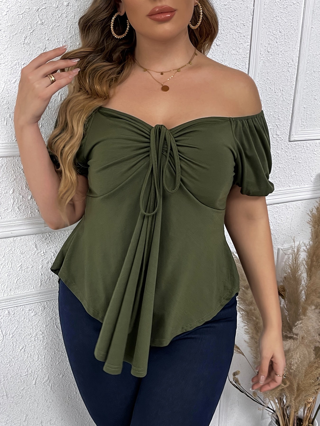 Plus Size Off Shoulder Drawstring Shirred T-shirt