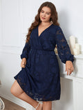 Plus Size Contrast Lace Elastic High Waist Midi Dress