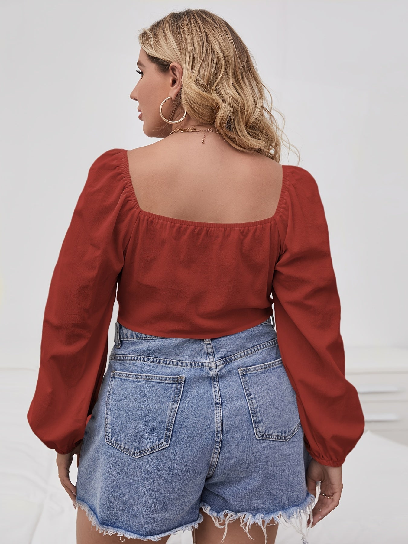 Plus Size Solid Long Sleeve Button Up Shirt