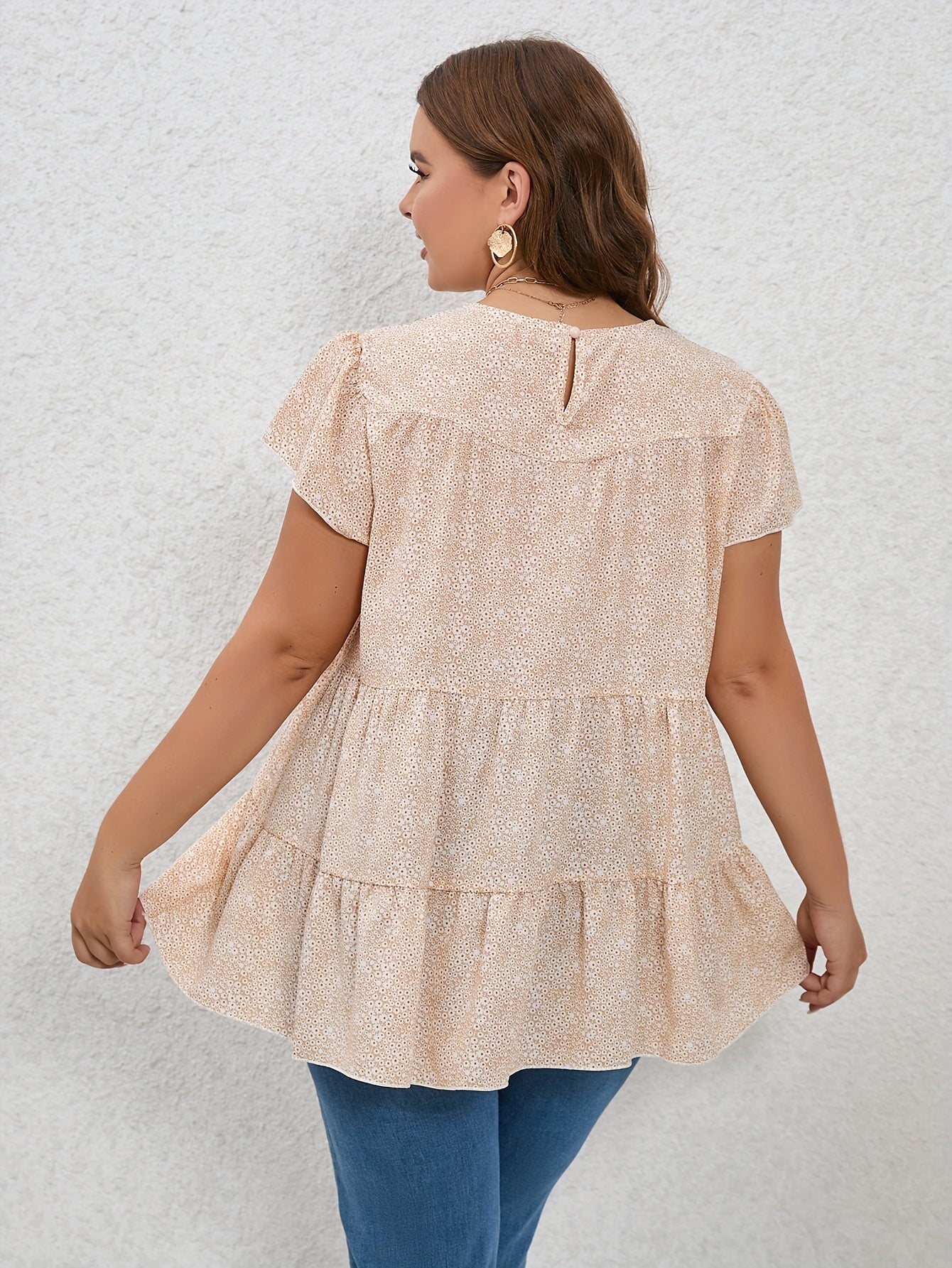 Plus Size Floral Print Butterfly Sleeve Babydoll Blouse