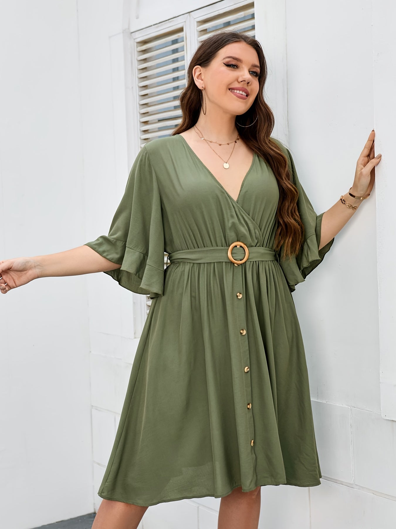 Plus Size Half Sleeve Button Up V Neck Midi Dress
