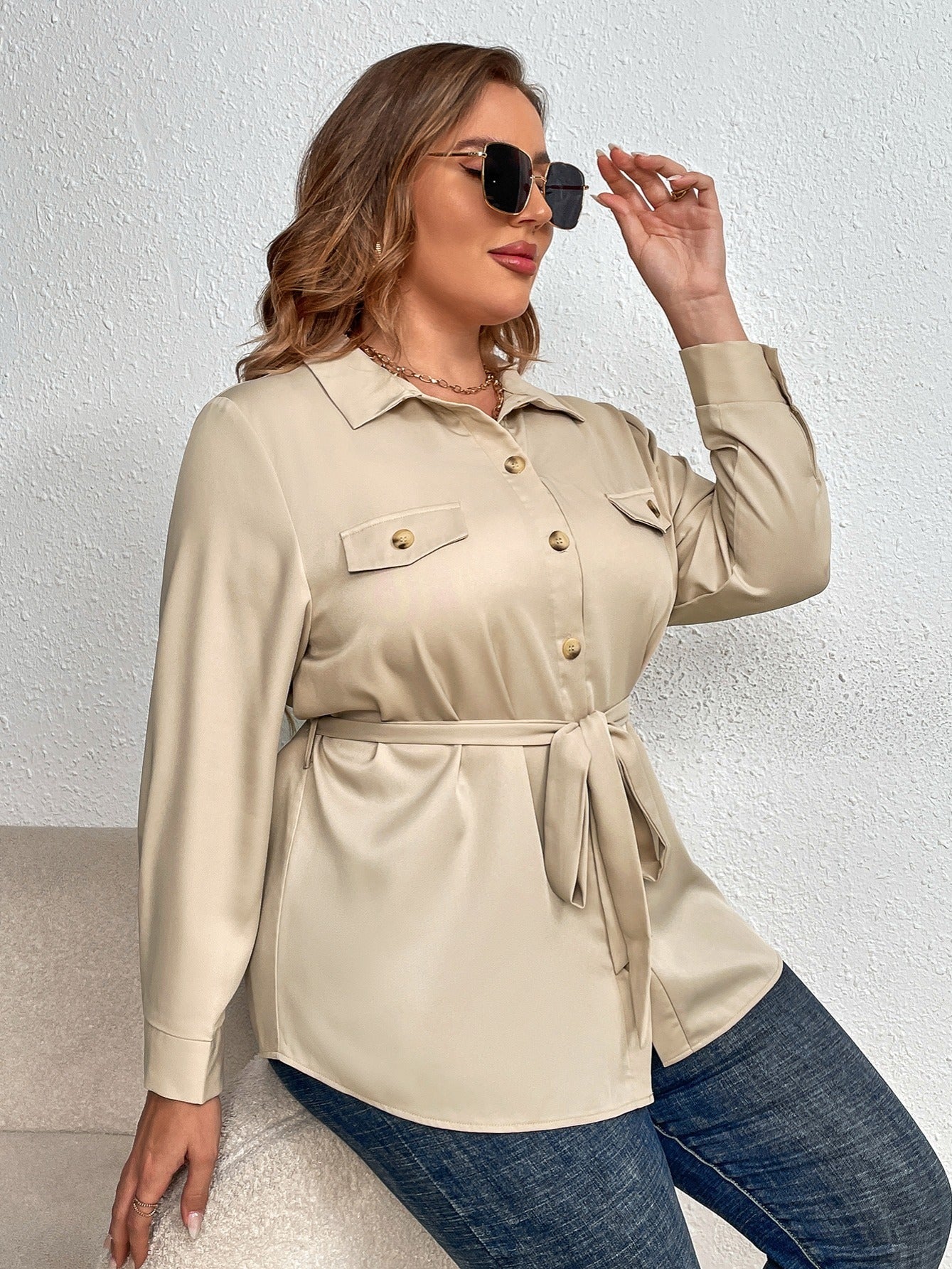 Plus Size Apricot Top Long Sleeve Casual Shirt