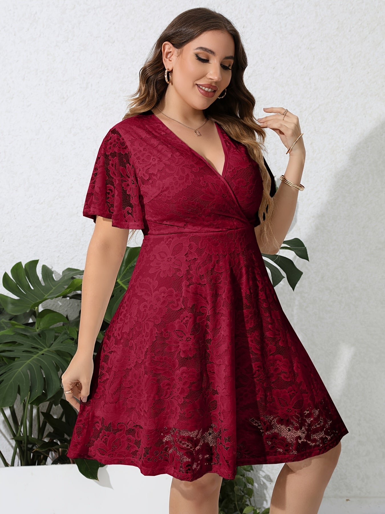 Plus Size Lace V Neck Ruffle Hem Midi Dress