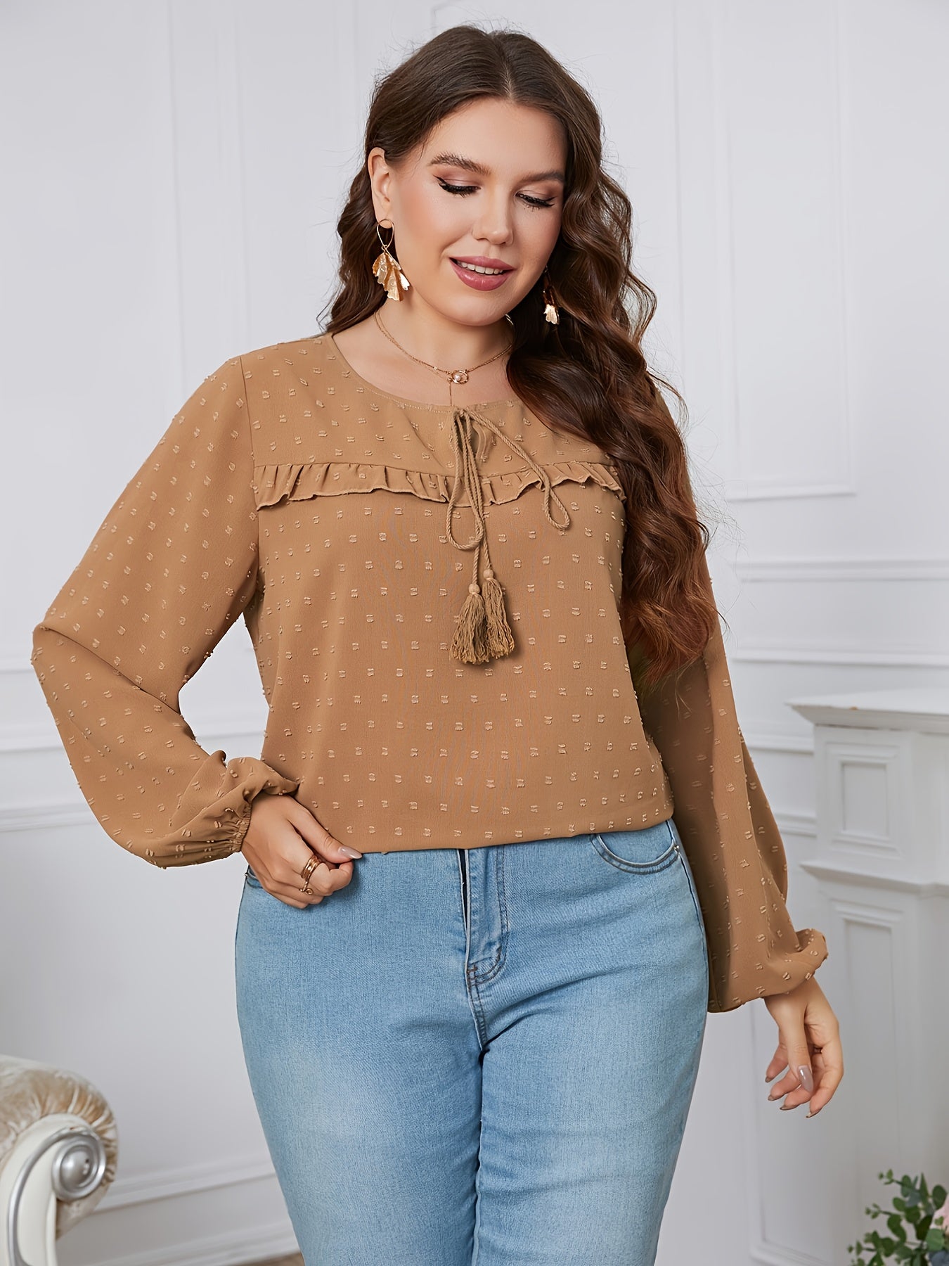 Plus Size Lantern Sleeve Round Neck Blouse