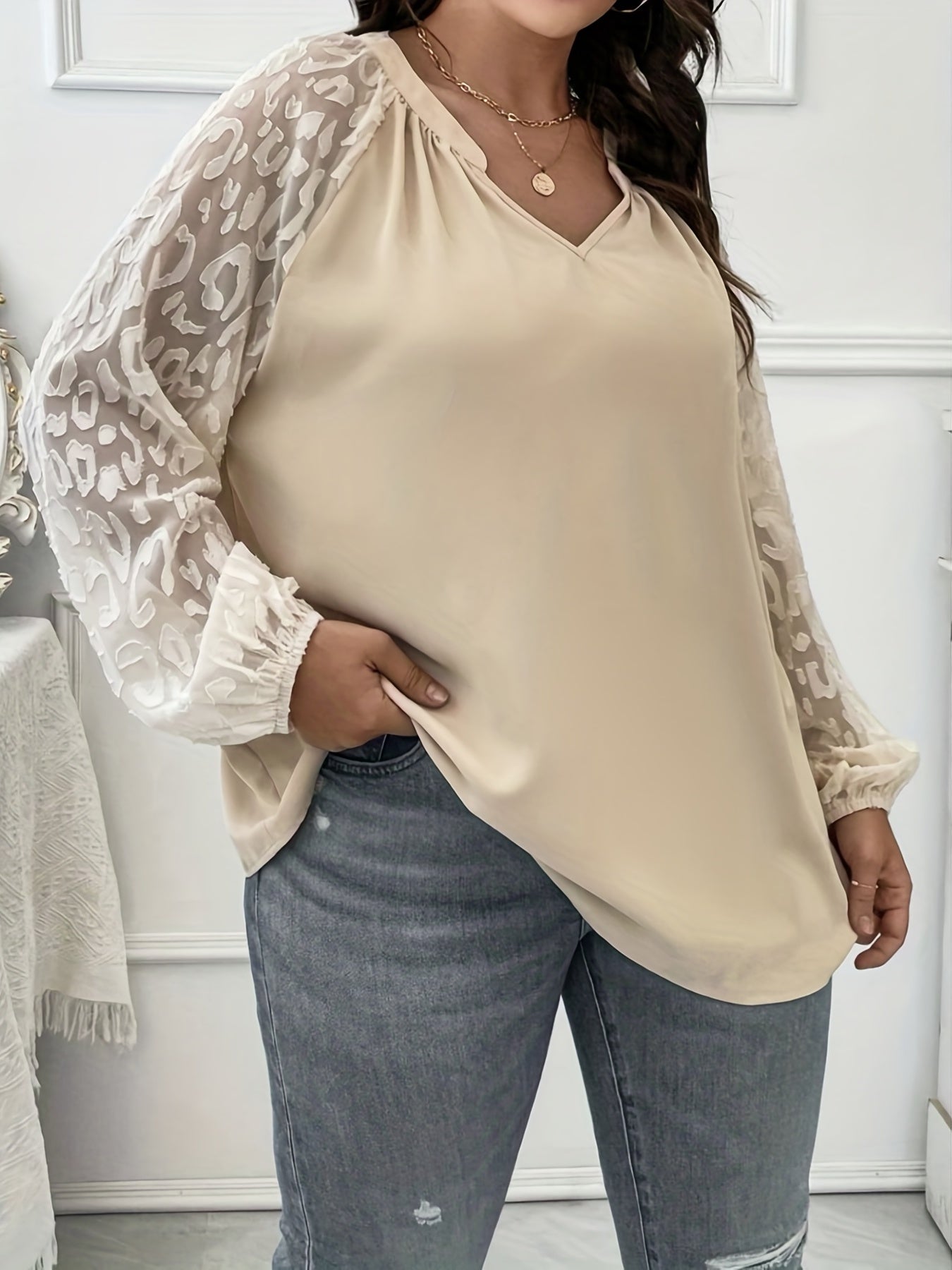 Plus Size Solid Mesh Raglan Sleeve V Neck Blouse