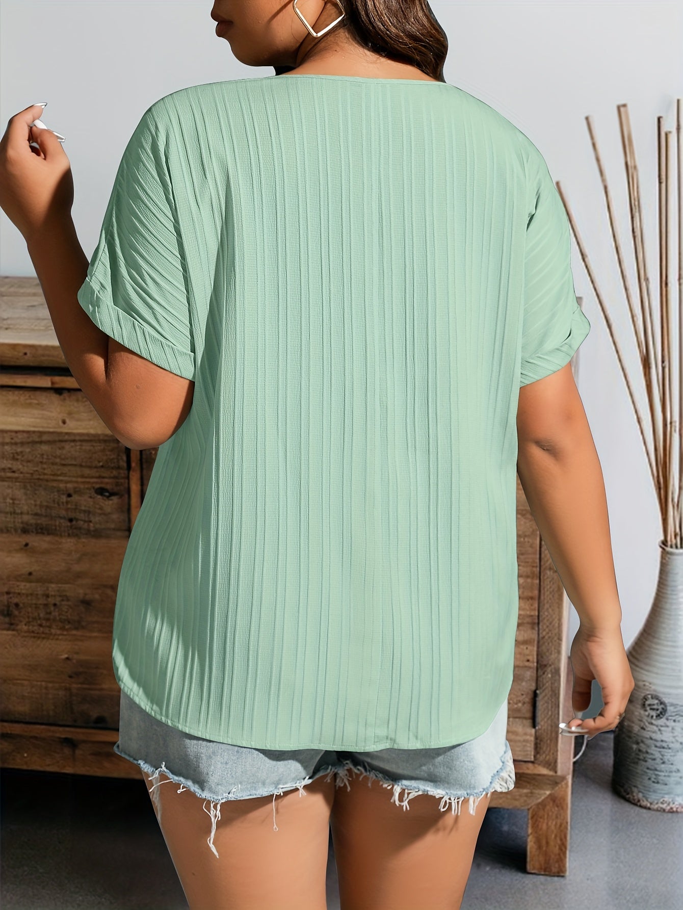 Plus Size Button Ribbed Short Sleeve Blouse