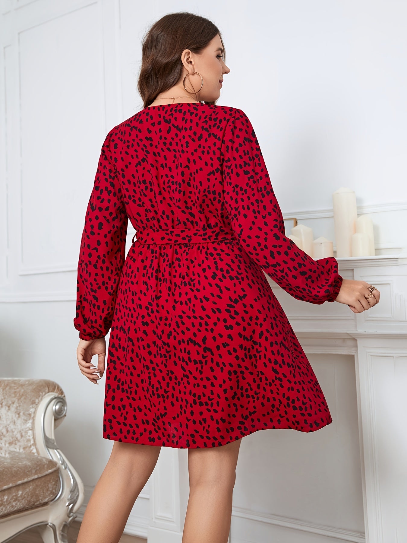 Leopard Print Long Sleeve V Neck Midi Dress