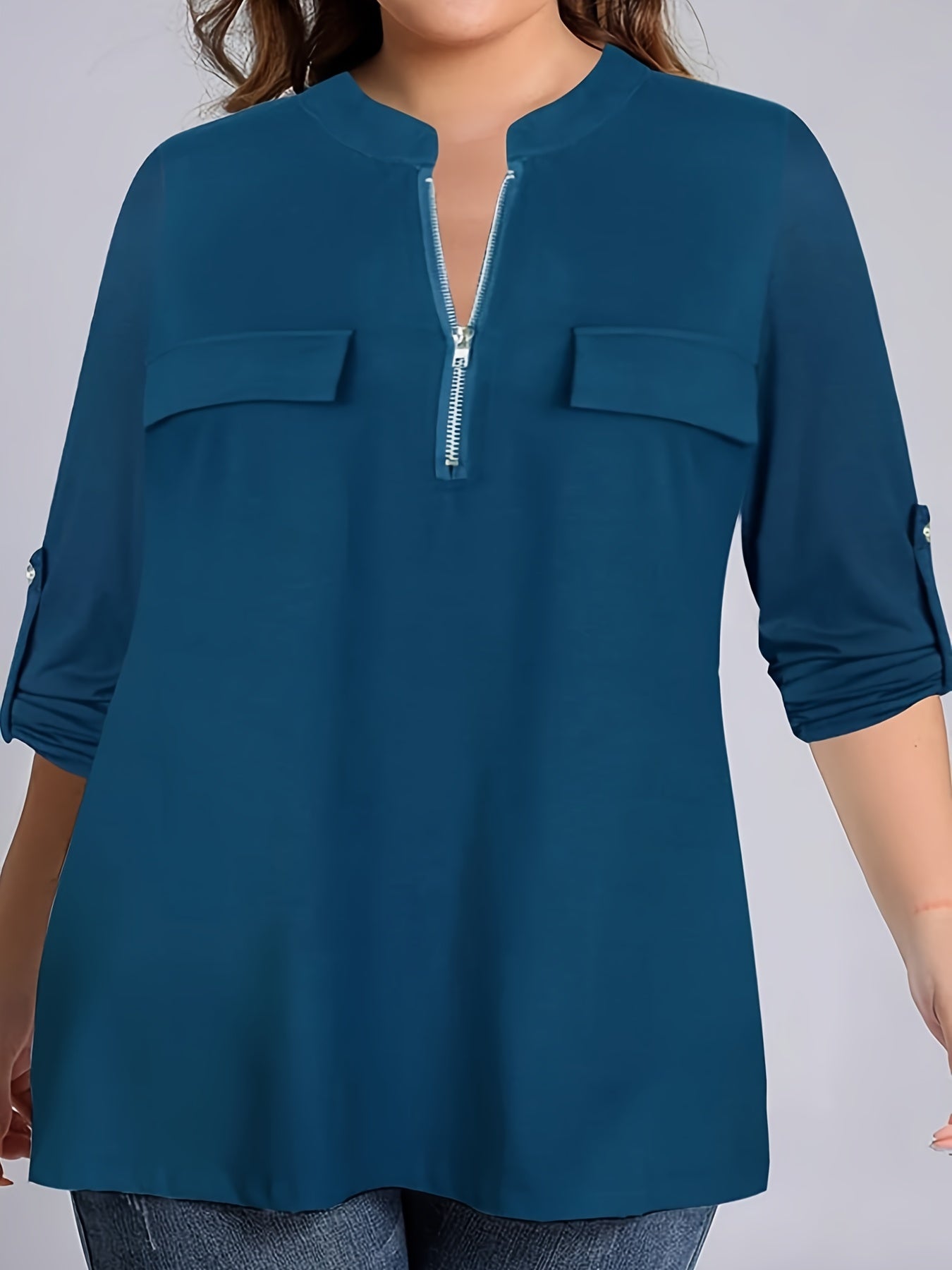 Plus Size Half Zipper Fake Pockets Solid Blouse